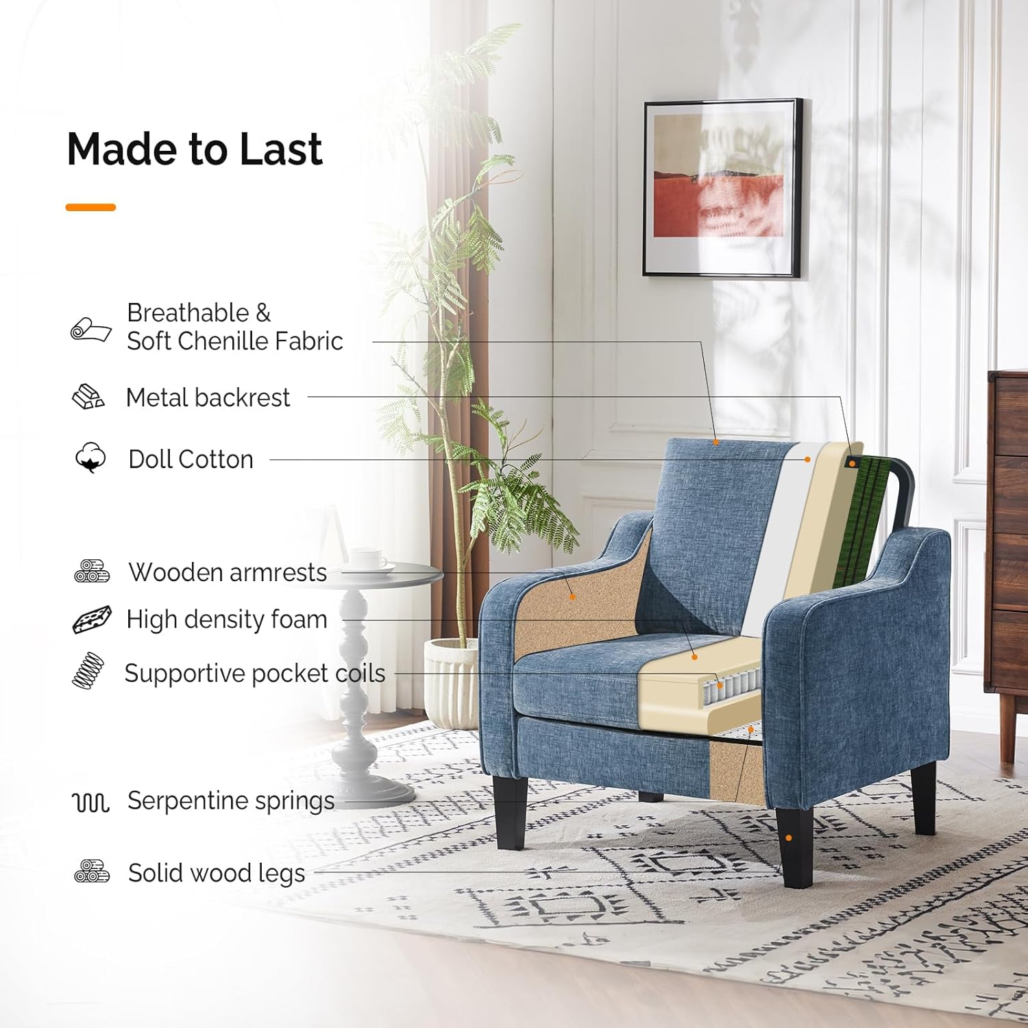 Thumbnail 5 de VINGLI Mid Century Modern Navy Chenille Accent Chair