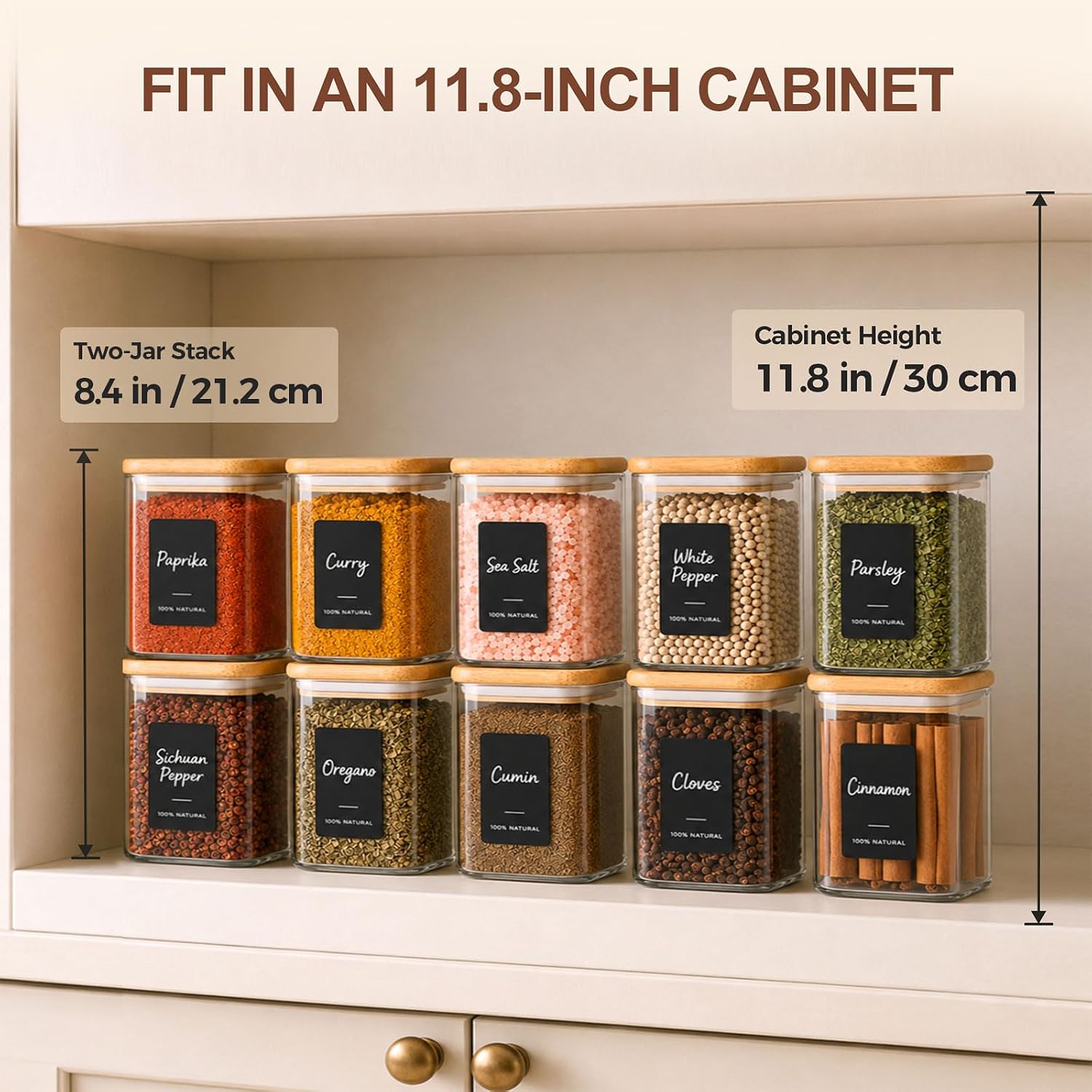 Detalle 2 de ComSaf 240 ml Glass Spice Jars, 6 Pack with Bamboo Lids and Labels