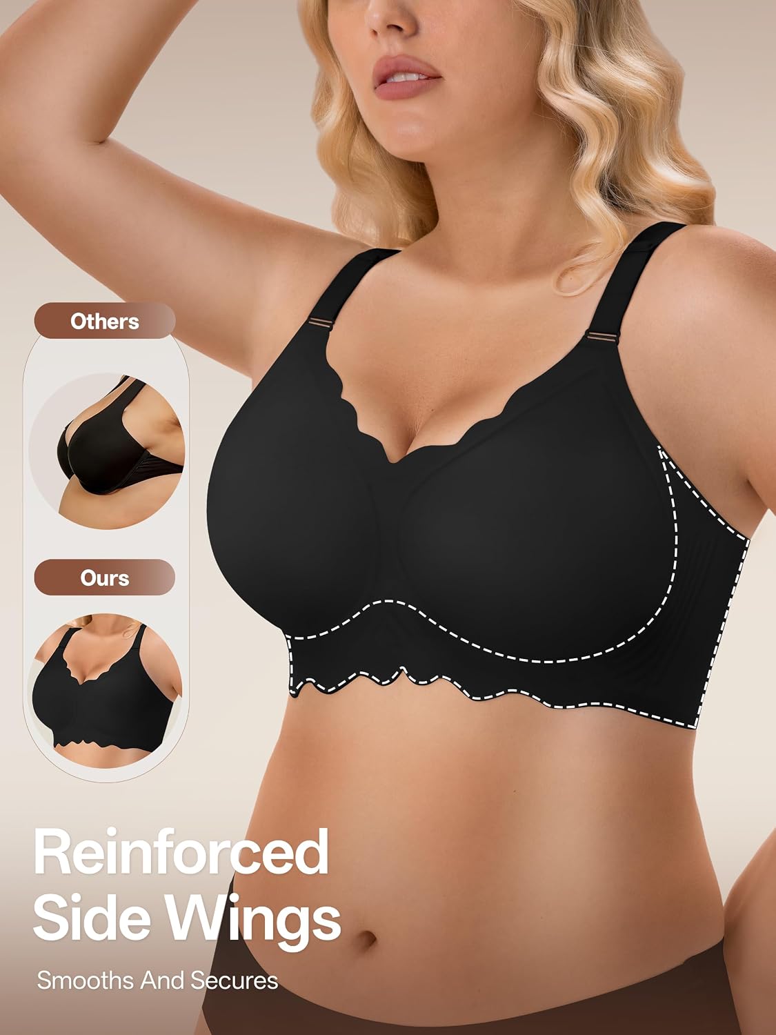Detalle de Angelhood 3-Pack Seamless Wireless T-Shirt Bras, Full Coverage, Scalloped V-Neck