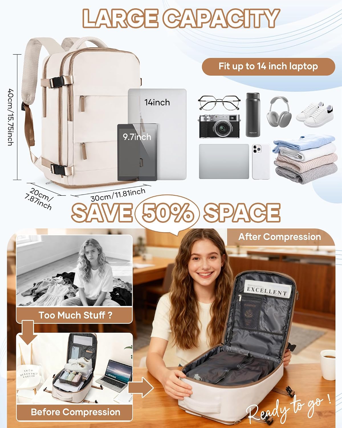 Detalle de SZLX Vacuum Backpack Travel Bag with Pump — Cabin‑Size 40x30x20, Ryanair/Wizz Air Ready