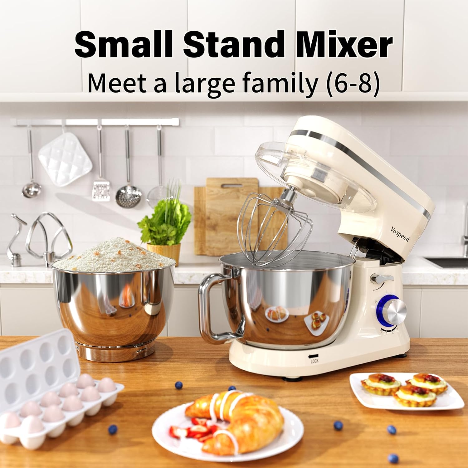 Thumbnail 6 de Vospeed Stand Mixer 4.5L + 5L Bowls, 1000W Tilt-Head with Dough Hook, Whisk, Beater and Splash Guard – Cream White