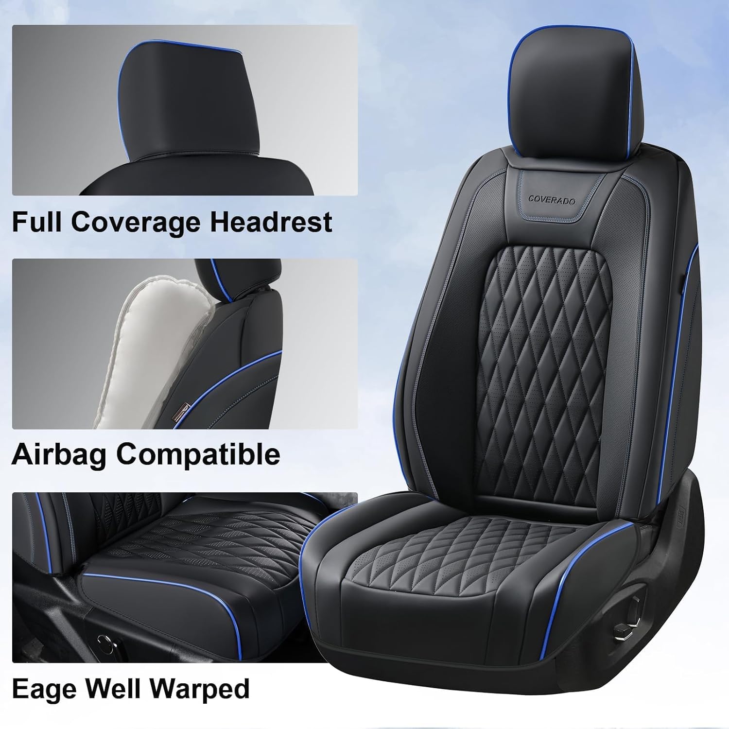 Thumbnail 3 de Coverado Leather Ford F-150 / F-250 / F-350 Seat Covers Full Set (Blue line) — Waterproof, Custom Fit for 2015-2026 Crew Cab
