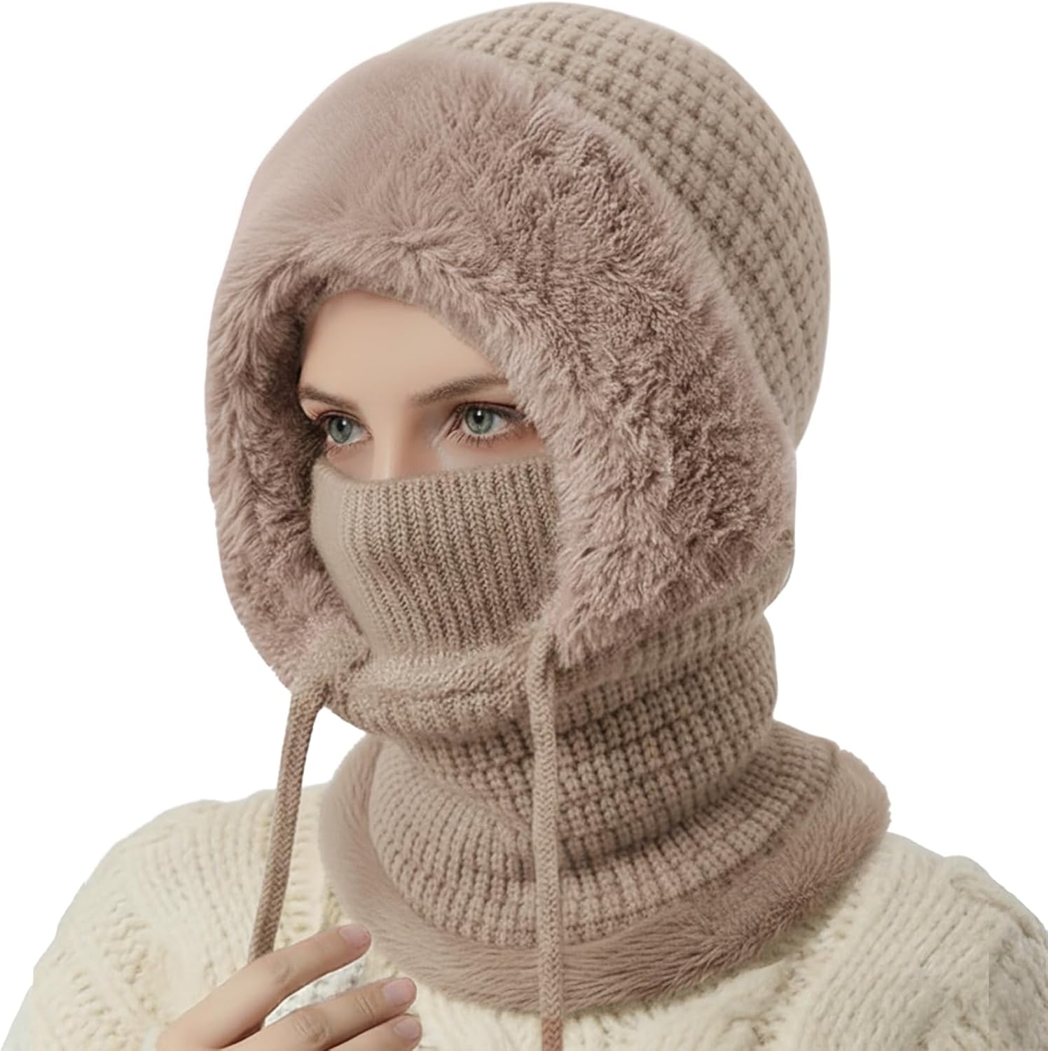 Thumbnail 1 de DRESHOW Women’s winter balaclava knit hat with drawstring hood scarf – 3-in-1 windproof face cover