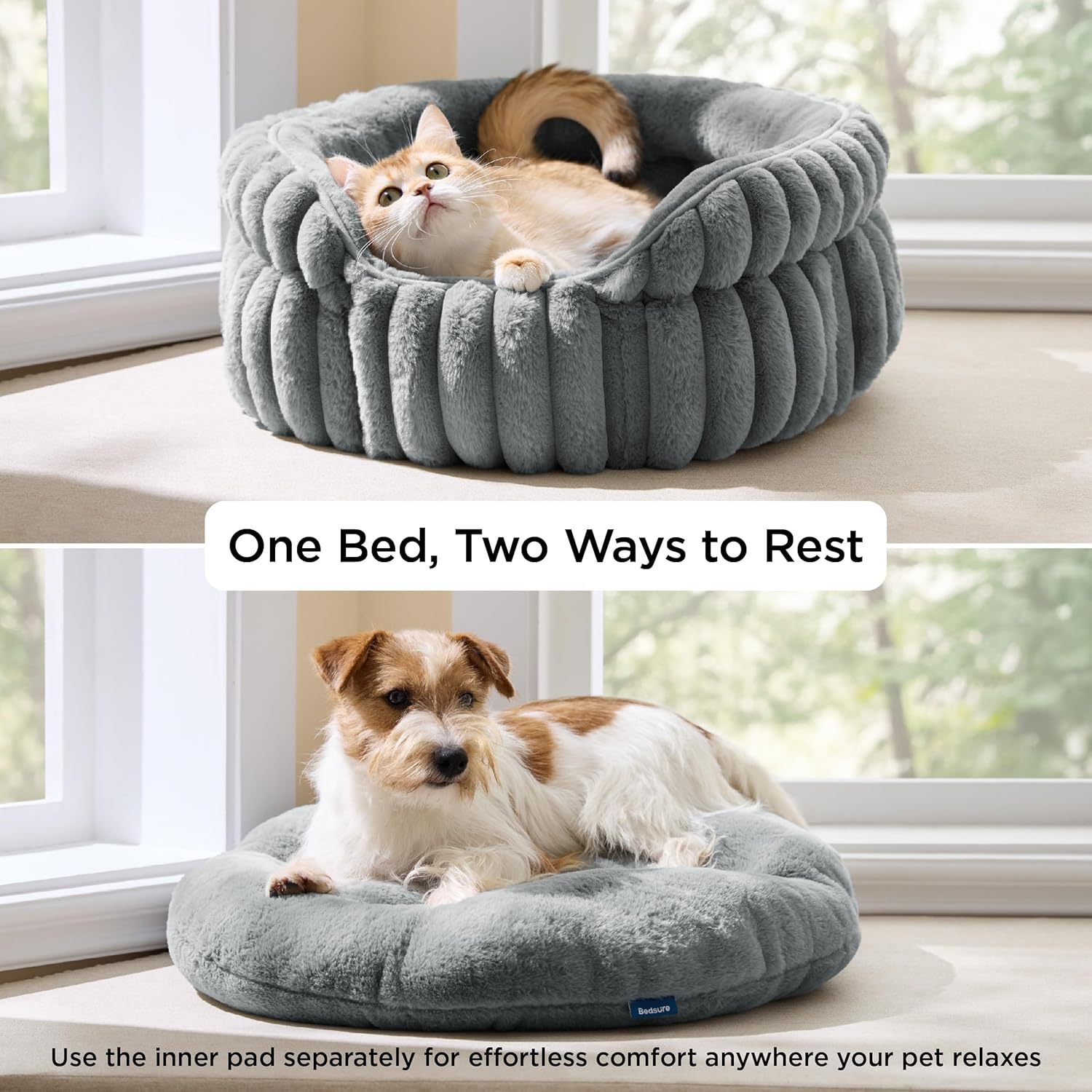 Detalle de BEDSURE flauschiges Katzenbett für Wohnungskatzen (51 x 51 cm) – waschbar, rutschfeste Basis, abnehmbares Kissen, grau