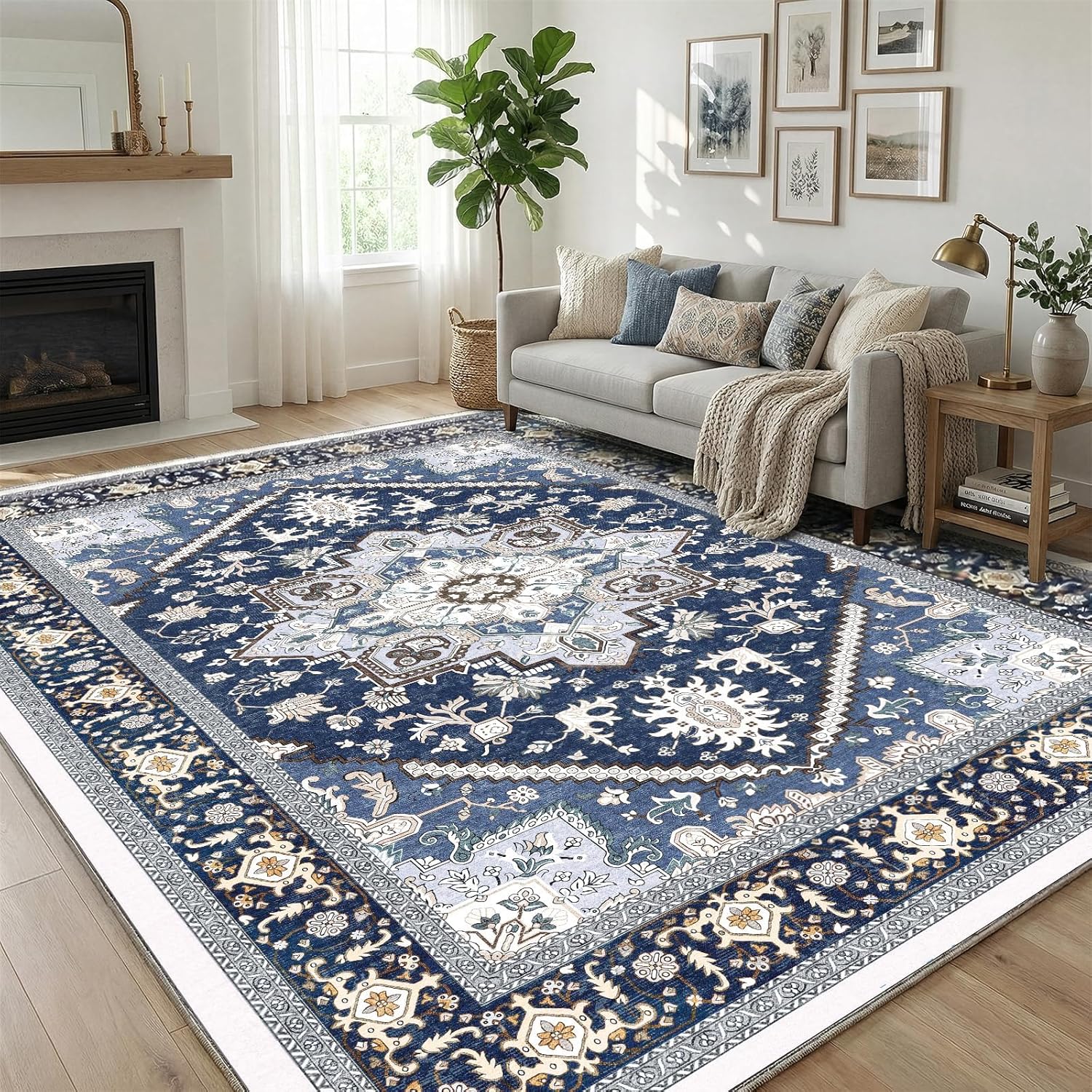 Detalle de OPPODREAM Soft 8x10 Area Rug in Navy Blue & Gold