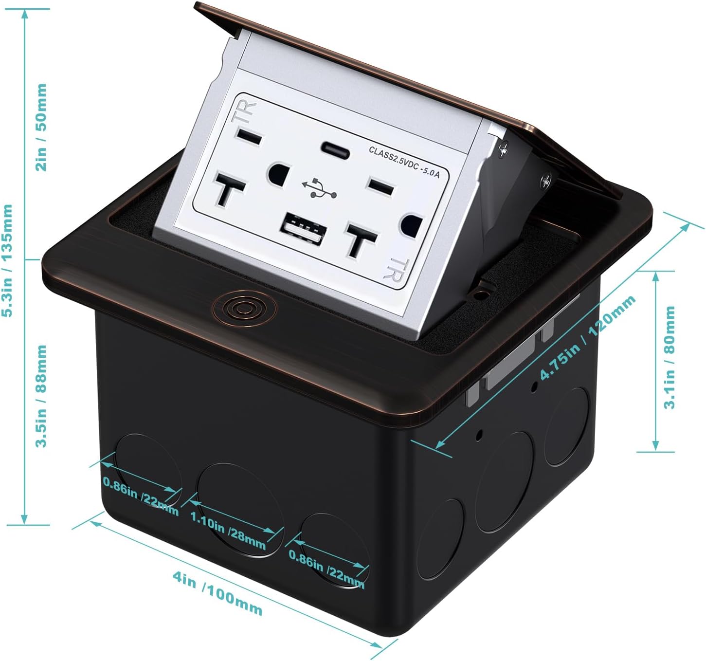 Detalle de WEBANG WPFUS20 Pop-Up Floor Outlet, 20 A USB, Oil-Rubbed Bronze