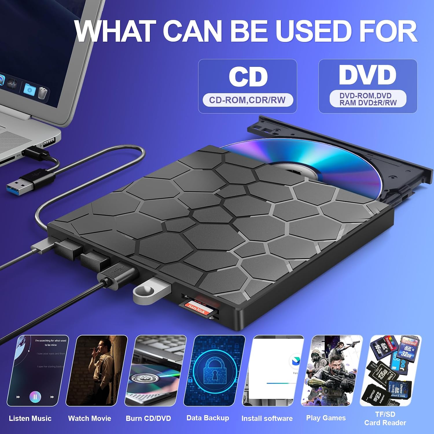 Thumbnail 1 de BPAKDU 8-in-1 External CD/DVD Drive for Laptop with USB-C & USB 3.0