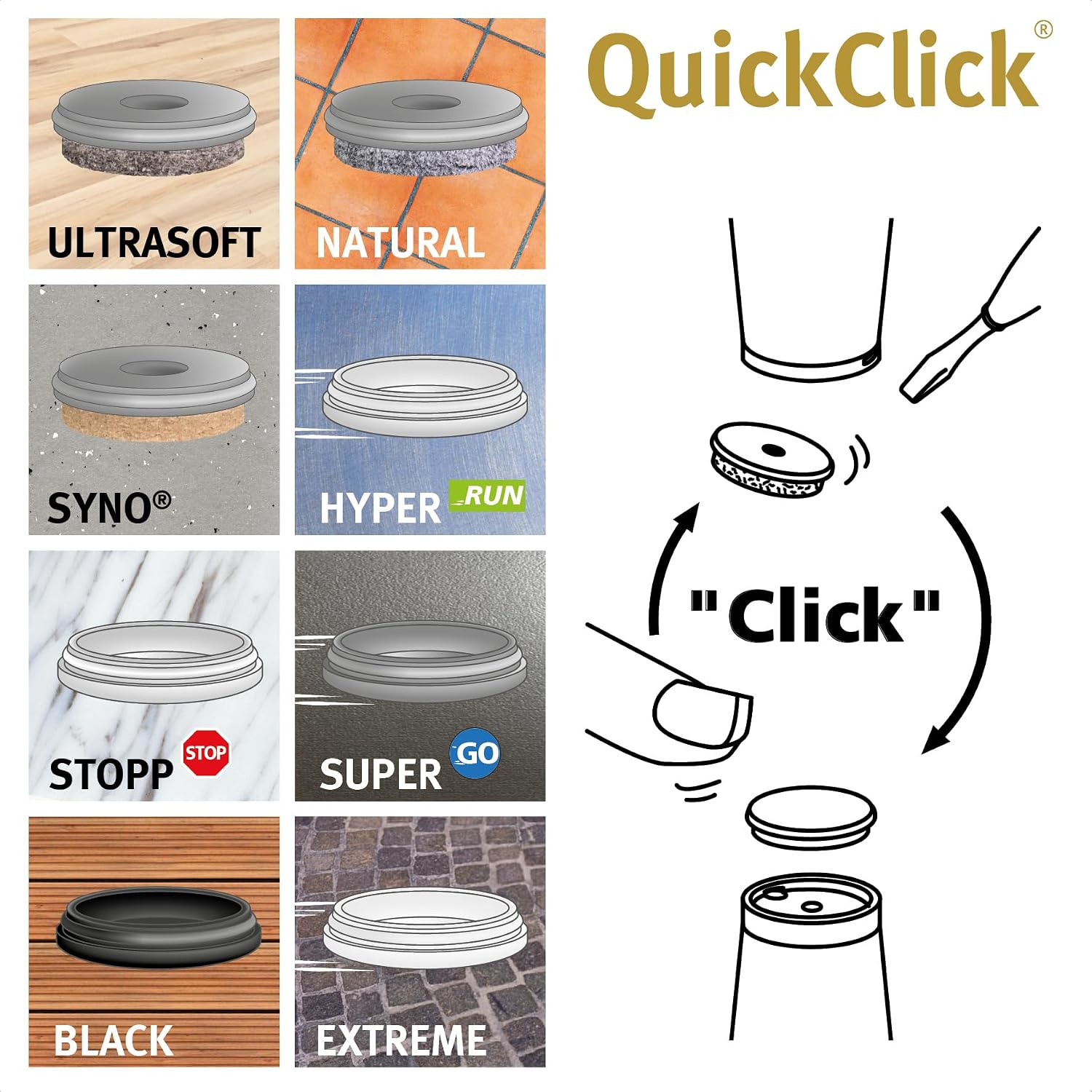 Thumbnail 5 de Wagner QuickClick Kunststoffgleiter 4er-Set Ø25 mm – Klebepbestandig, austauschbare Gleiteinsätze (Hyper) – Made in Germany