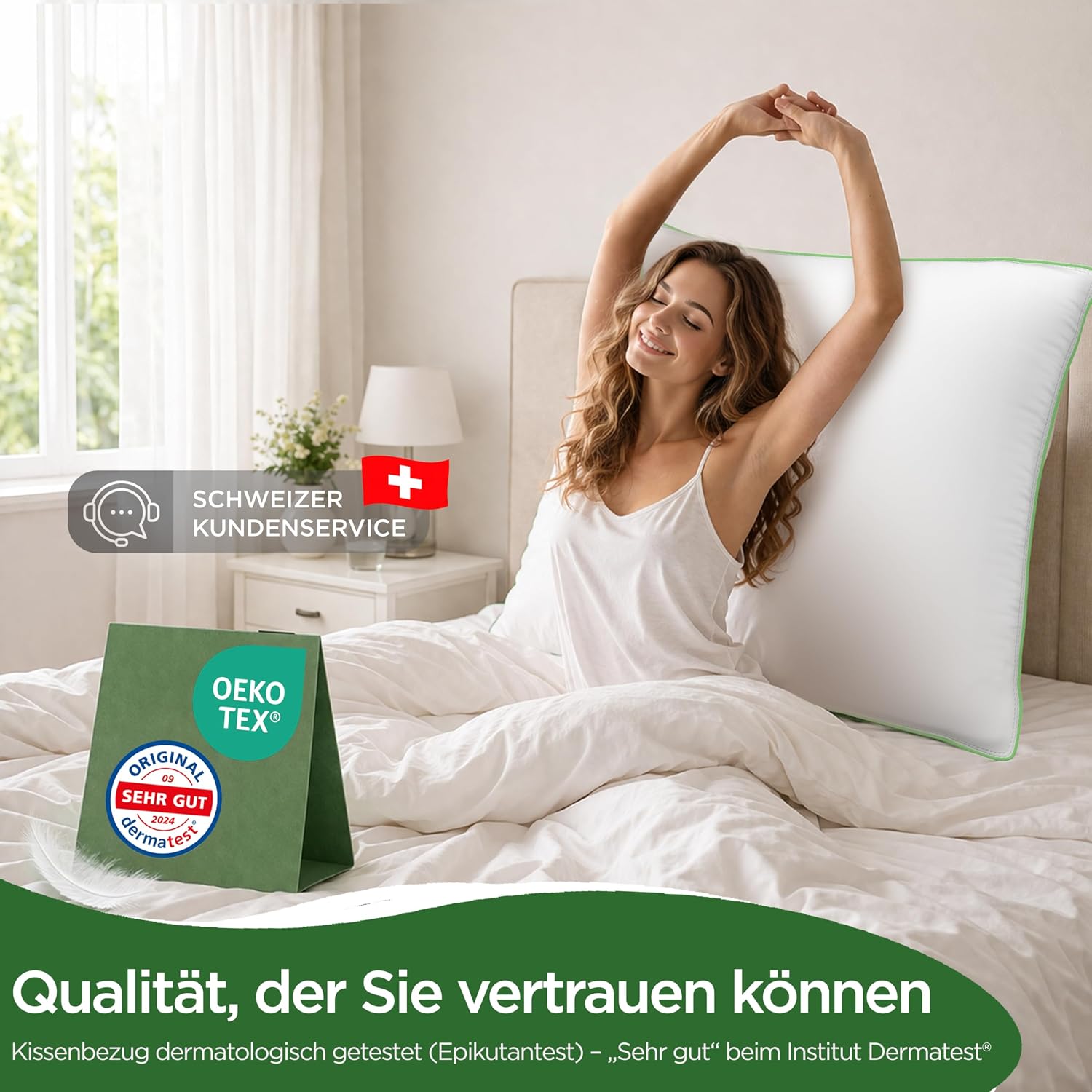 Thumbnail 6 de Welldora Premium Kopfkissen 80x80 (3-Kammer) mit natürlichen Daunenfasern & Federn – ergonomisch gegen Nackenspannungen