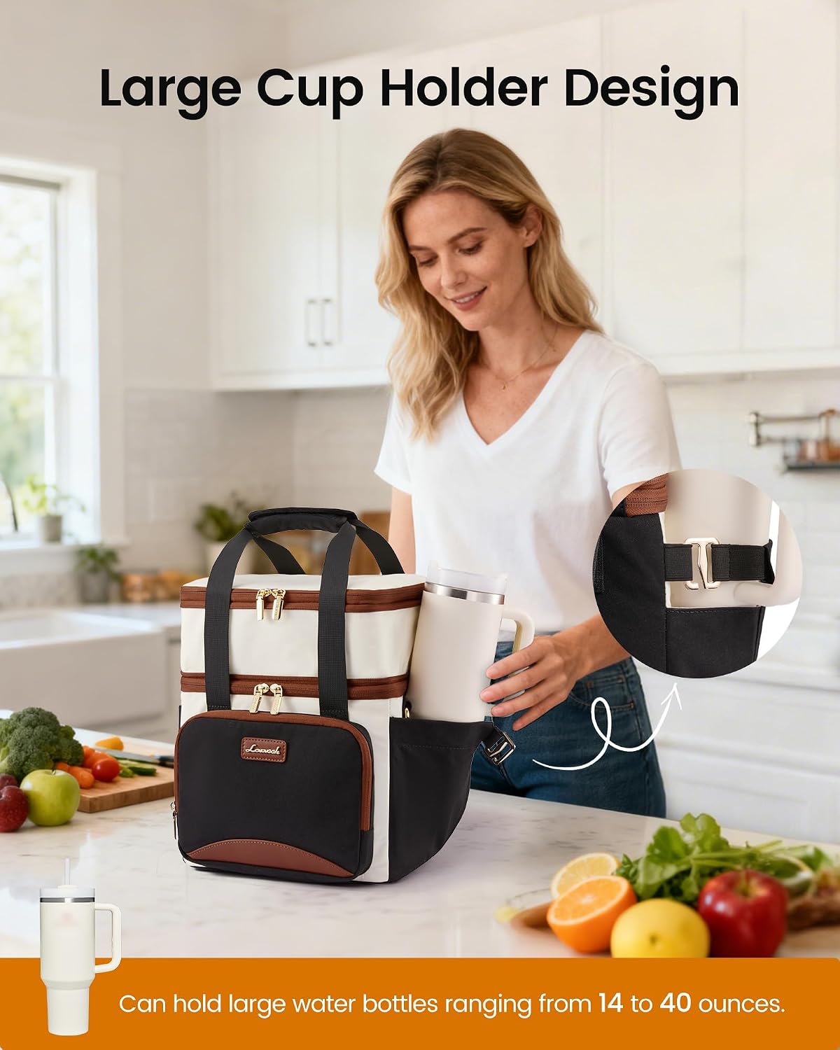 Thumbnail 1 de LOVEVOOK Insulated Lunch Bag for Women, 15L Large Double Deck Tote with Cup Holder