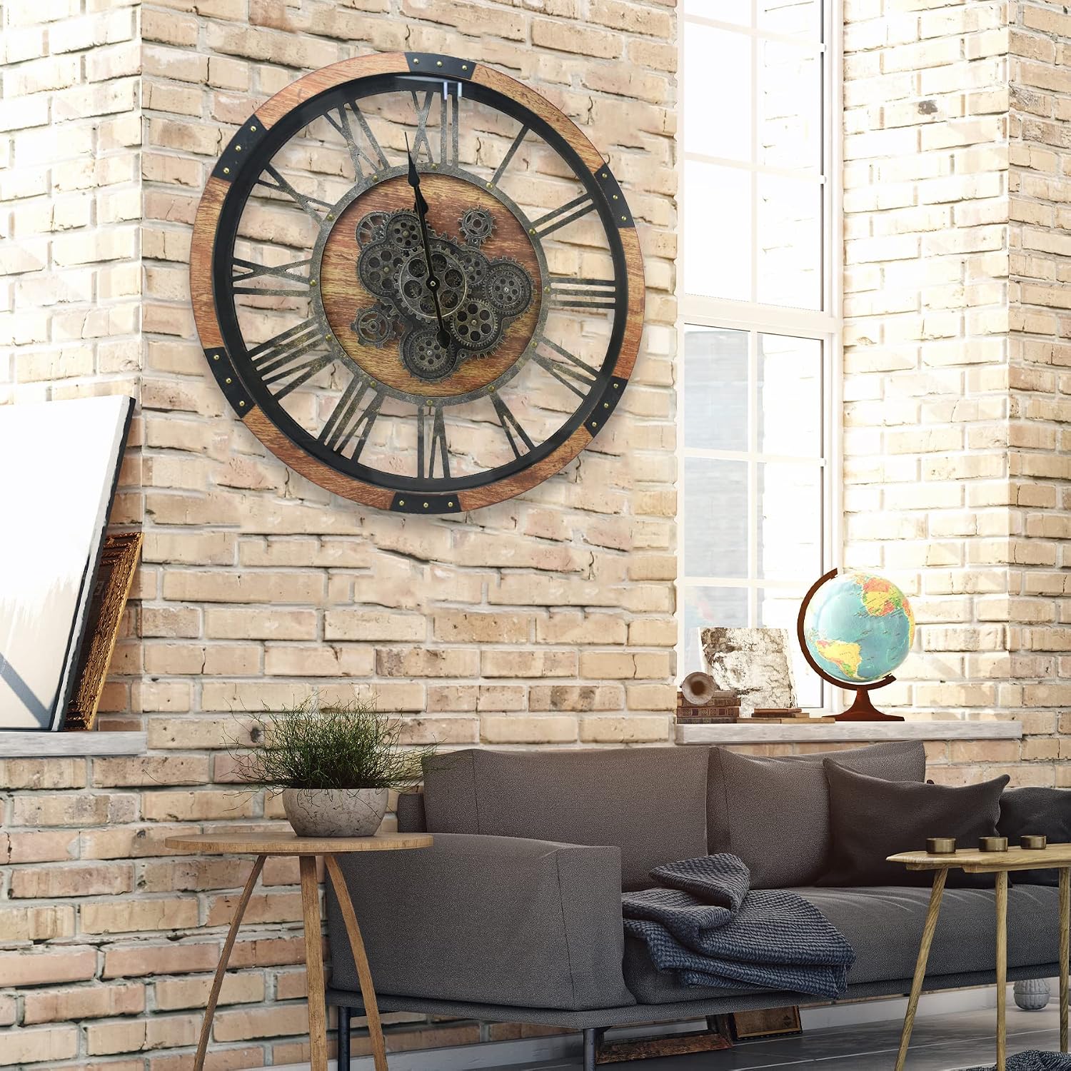 Detalle 2 de DORBOKER DOR2026 24-Inch Moving-Gear Wooden Wall Clock, Brown