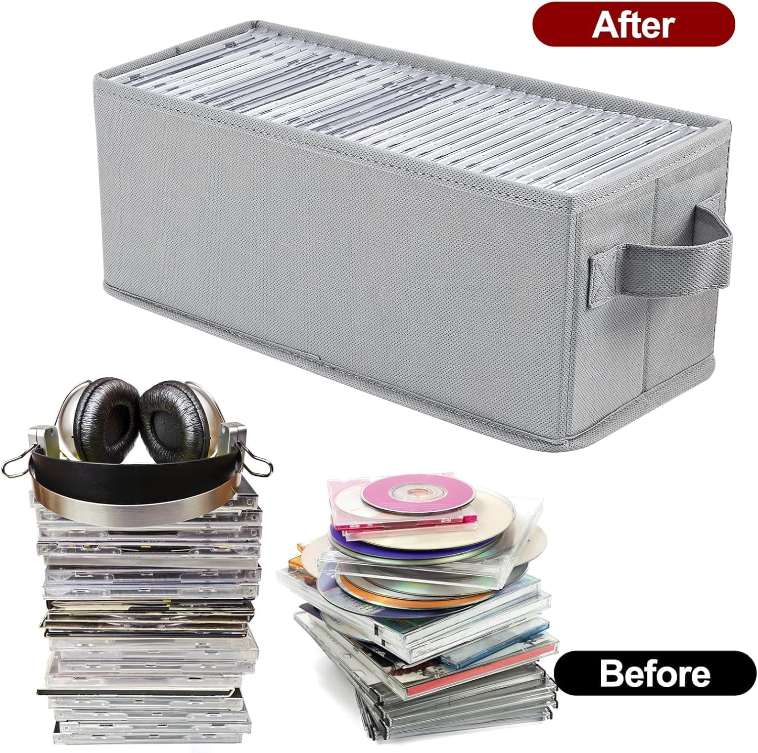 Detalle de UENTIP CD-Aufbewahrungsbox grau – 1 Stück, 33,5 x 15 x 13,5 cm mit Platz für CDs in Jewel-, Slim- und CD-Hüllen