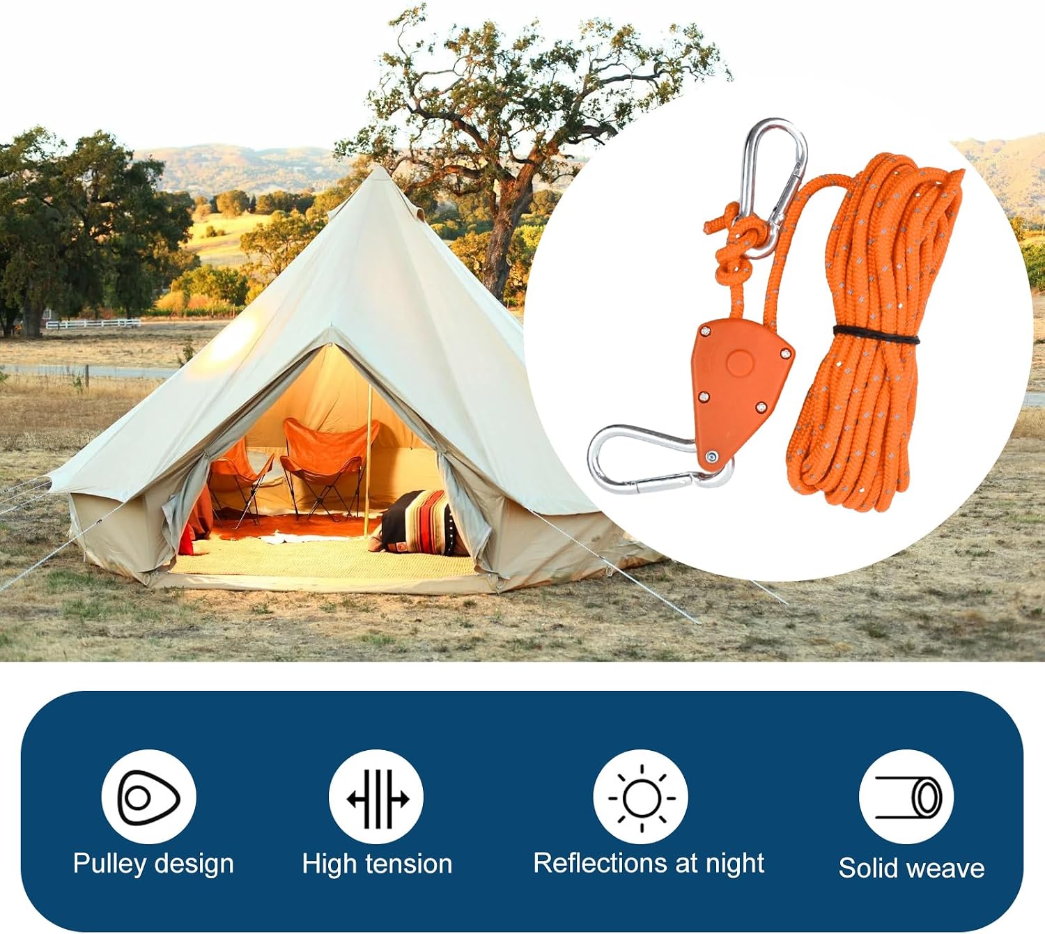 Detalle de Catime 4 Stück Reflektierende Zelter Sporneifen 4 mm × 5 m – Reflektierende Zeltabspannseile mit Spanner Einsteller, Rot