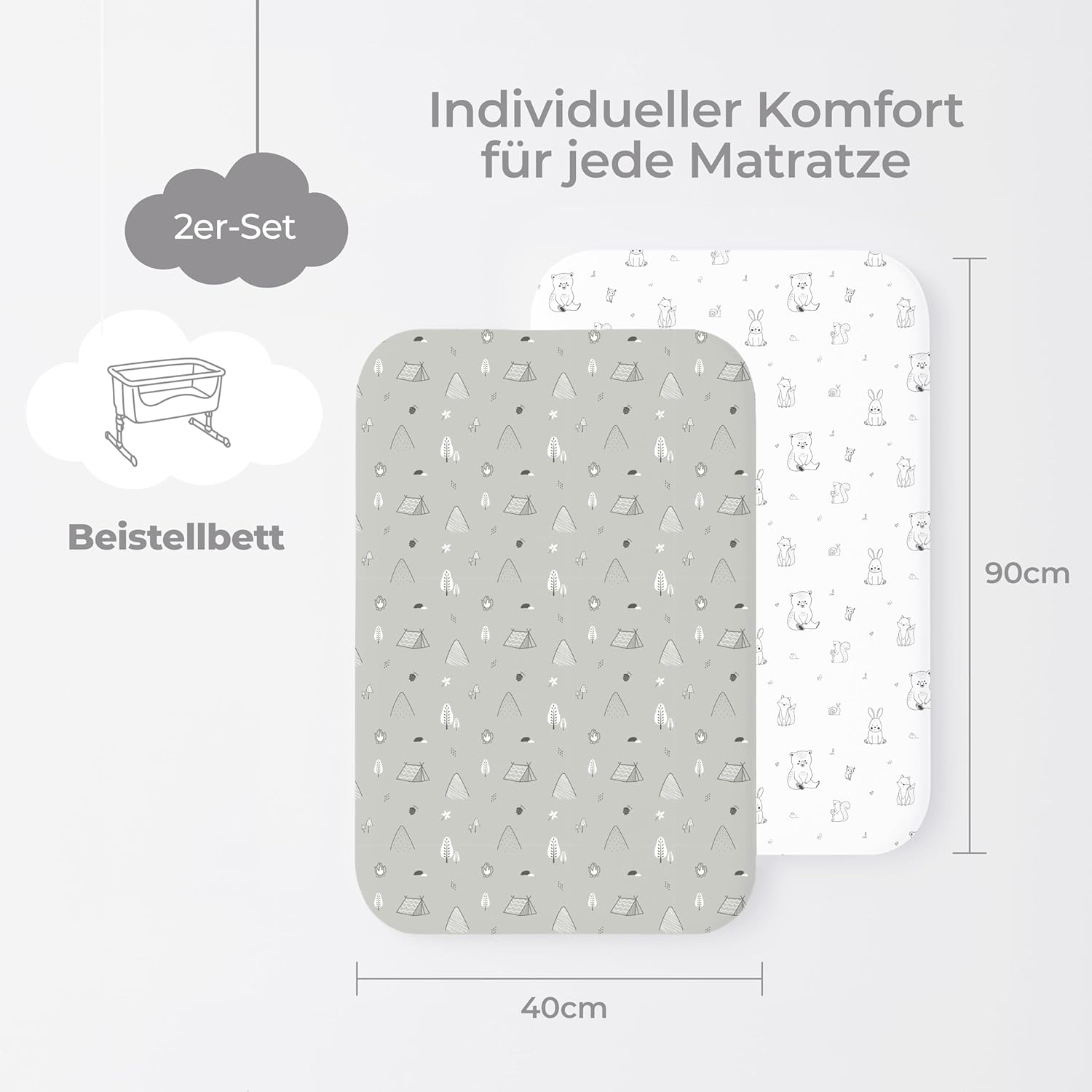 Thumbnail 1 de Dreamzie 2er Set Spannbettlaken 40x90 cm – Beistellbett & Stubenwagen | Baumwolle Oeko-Tex, Woodland Weiß/Grau