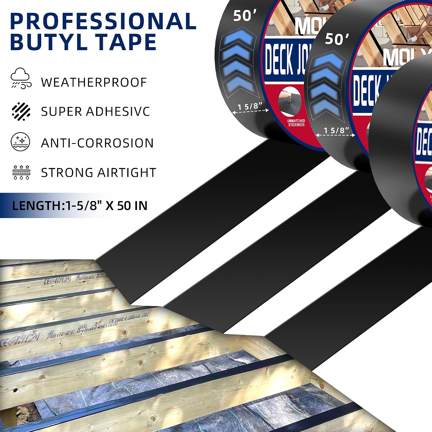 Thumbnail 1 de MOLYLY Butyl Deck Joist Tape (1-5/8 in x 50 ft) — 12 Rolls Waterproof & Anti-Corrosion Sealing Tape