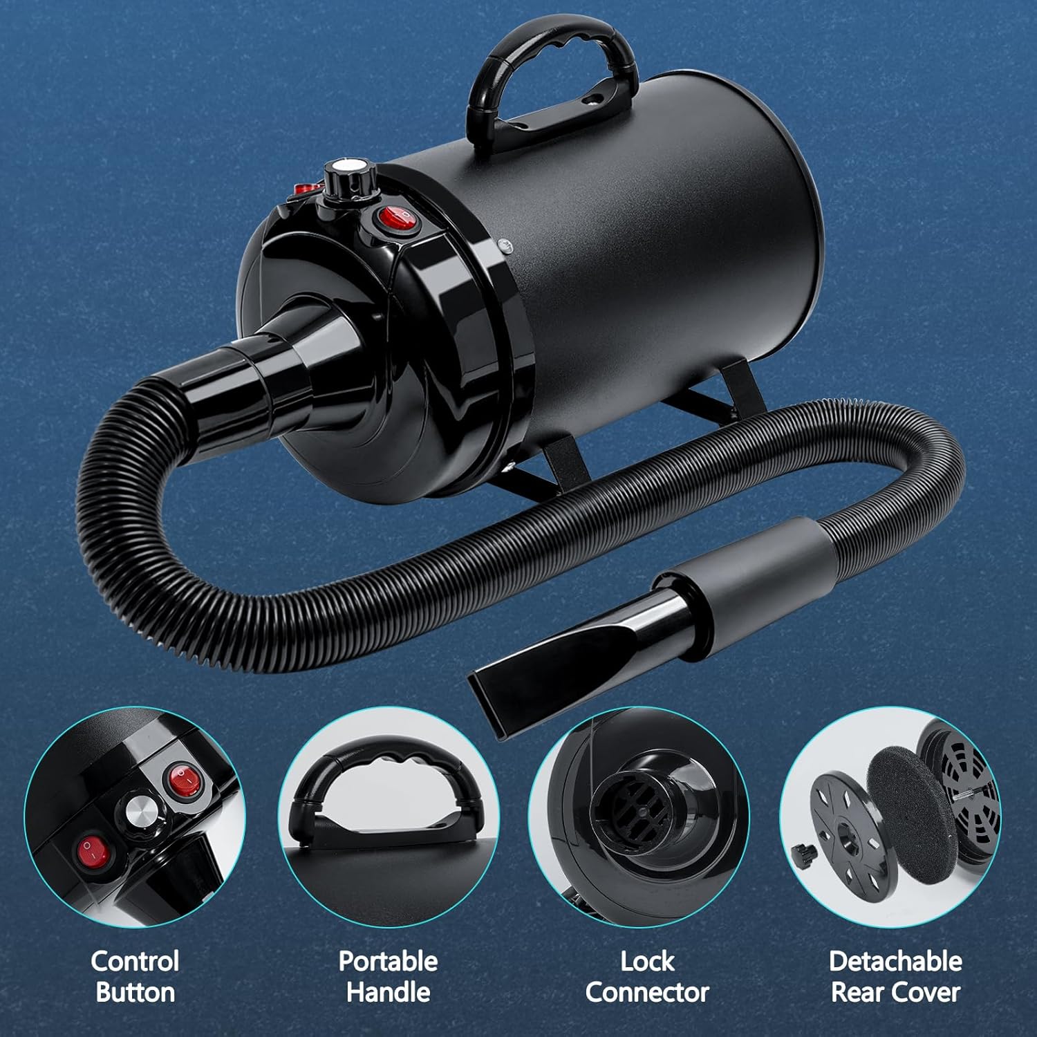 Detalle 2 de Blanlody Dog Hair Dryer Blaster 3800W Pet Grooming Hair Dryer (Low Noise, 4 Nozzles, Black)
