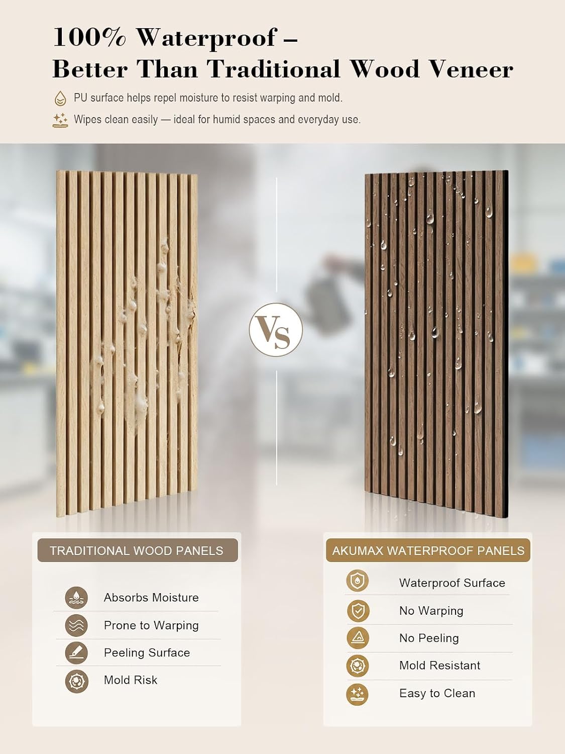 Detalle 2 de AKUMAX Waterproof Wood Slat Acoustic Wall Panels, Walnut, 4-Pack, NRC 0.80