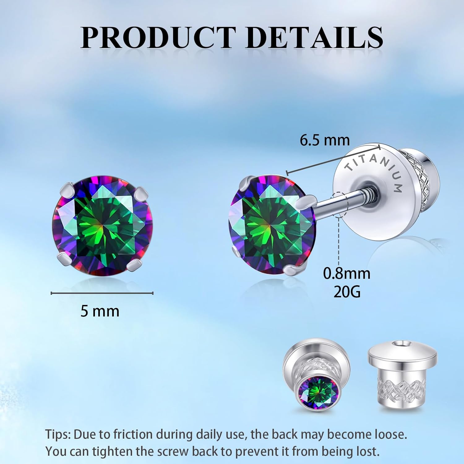 Thumbnail 2 de Limerencia Titan Ohrringe mit Schraubverschluss – 5 mm Zirkonia, hypoallergen, für empfindliche Ohren