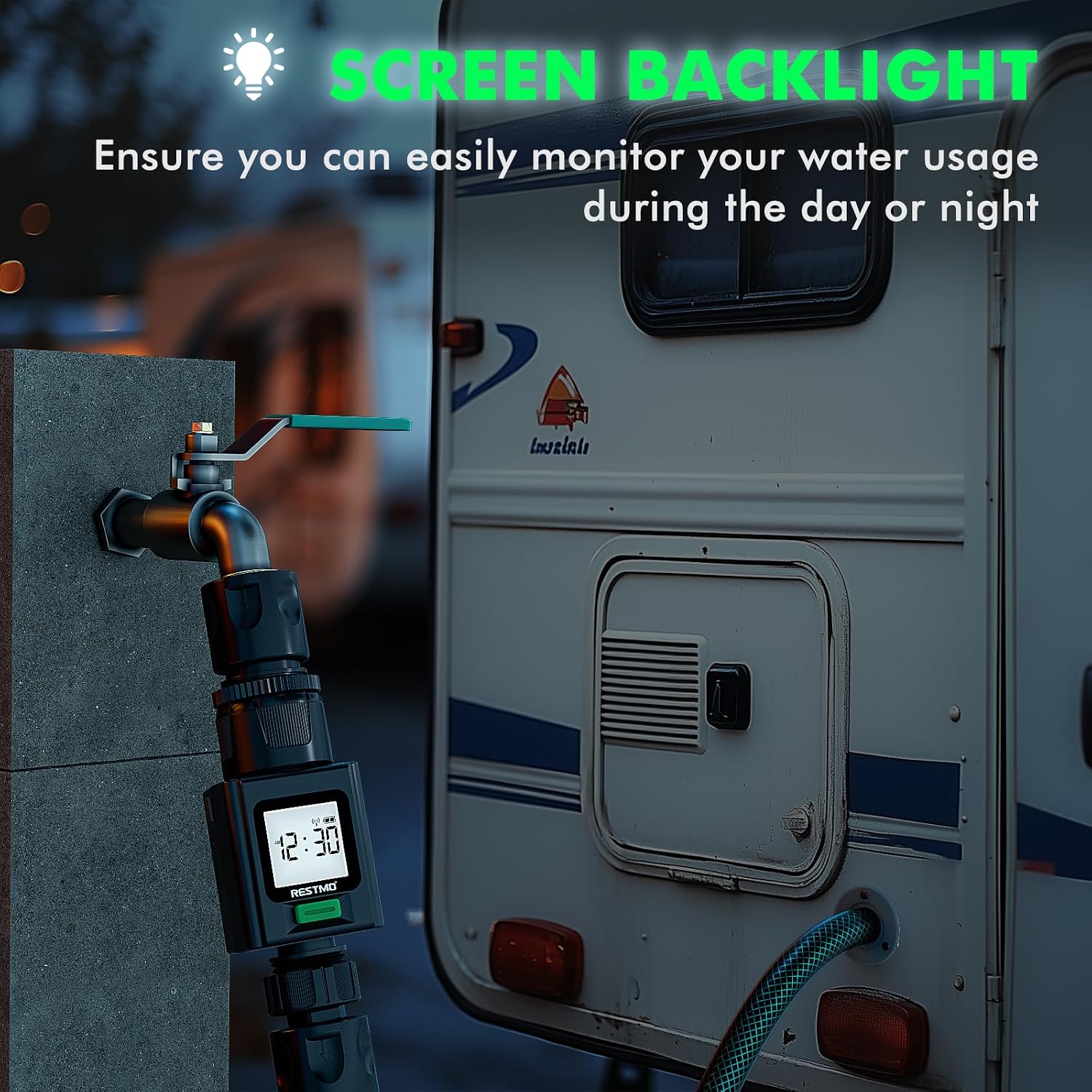 Detalle 2 de Restmo Smart Water Flow Meter with Bluetooth for Garden Hoses and RV Tank Filling