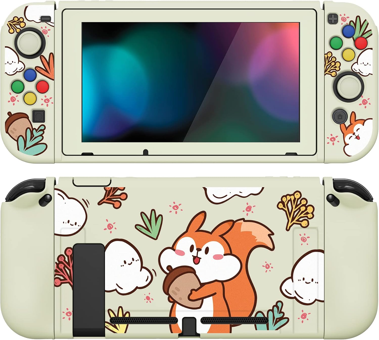 Detalle de PlayVital ZealProtect Soft Protective Case for Nintendo Switch with Tempered Glass Screen Protector, Thumb Grips & ABXY Caps (Squirrel with Acorn)