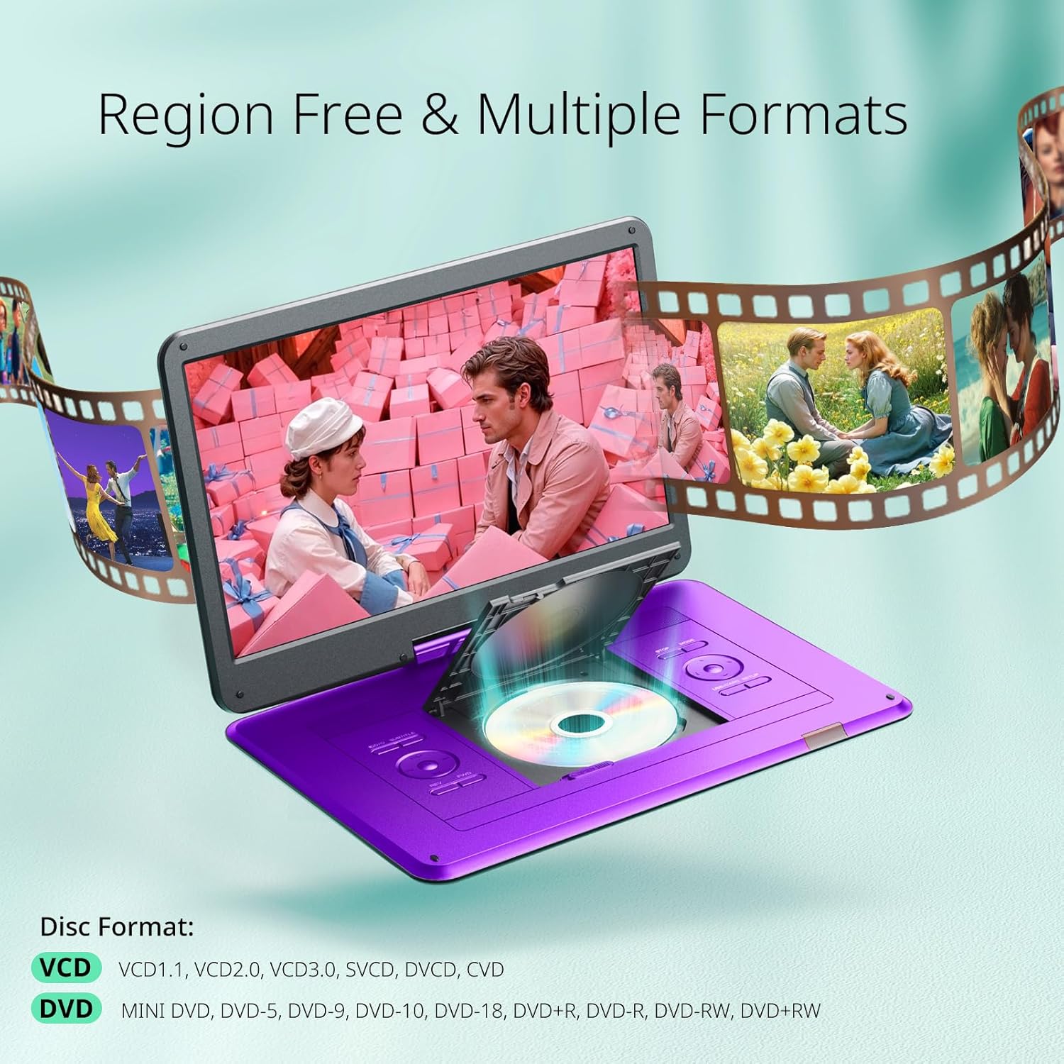 Thumbnail 2 de Yoton 17.5" Portable DVD Player with 15.6" HD Swivel Screen (Purple) – Rechargeable Battery, USB/SD/AV Support
