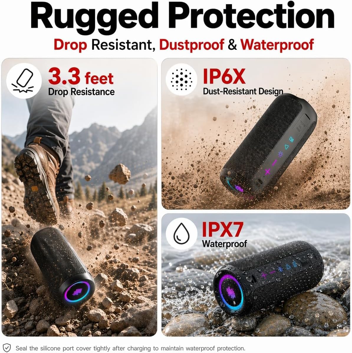 Detalle de TIMU Portable Bluetooth Speaker: Powerful Sound with 24H Battery, IPX7 Waterproof