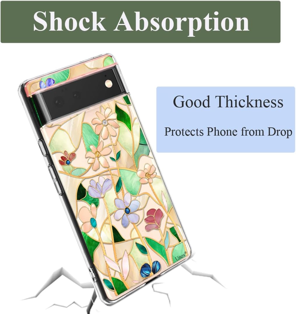Detalle de Unov Case for Pixel 6 5G: Clear Florals TPU Back Cover with Raised Edges
