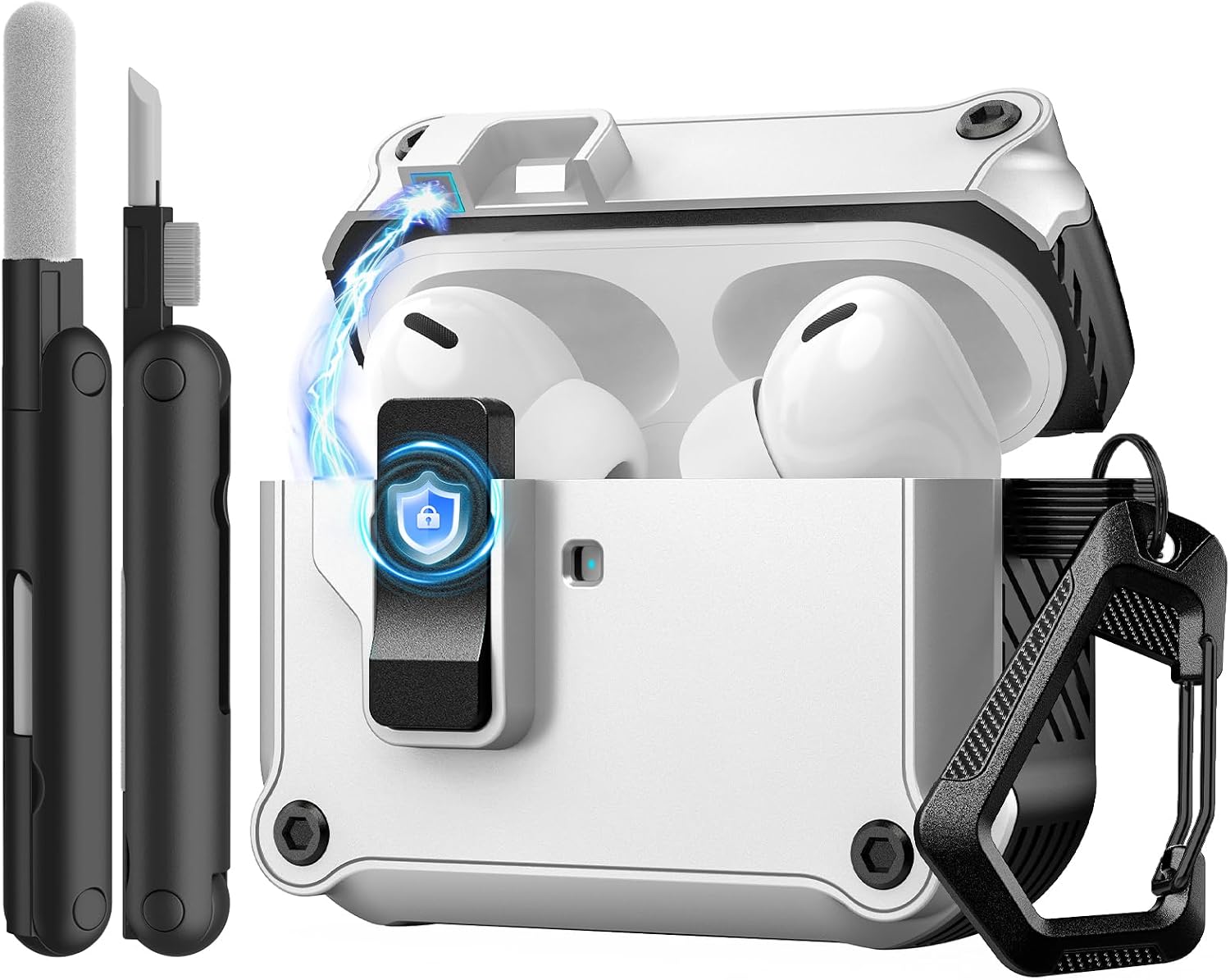 Detalle de TiMOVO Hülle für AirPods Pro 3 (2025) – 360° Schutzcase mit Schnappverschluss, Kletterhaken und Reinigungsset (Weiß/Schwarz)