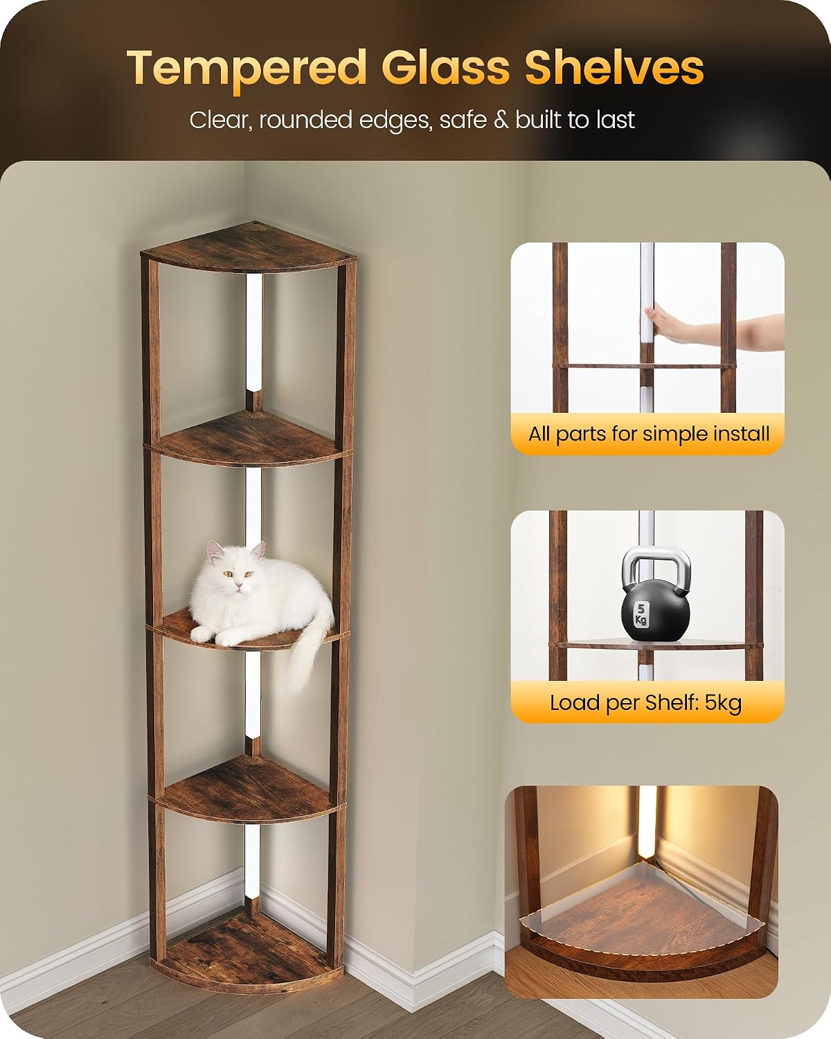 Detalle de GOEBLESON Floor Lamp with Shelves (4-Tier) – 360° Rotatable Corner Light with 3 CCT & Dimming