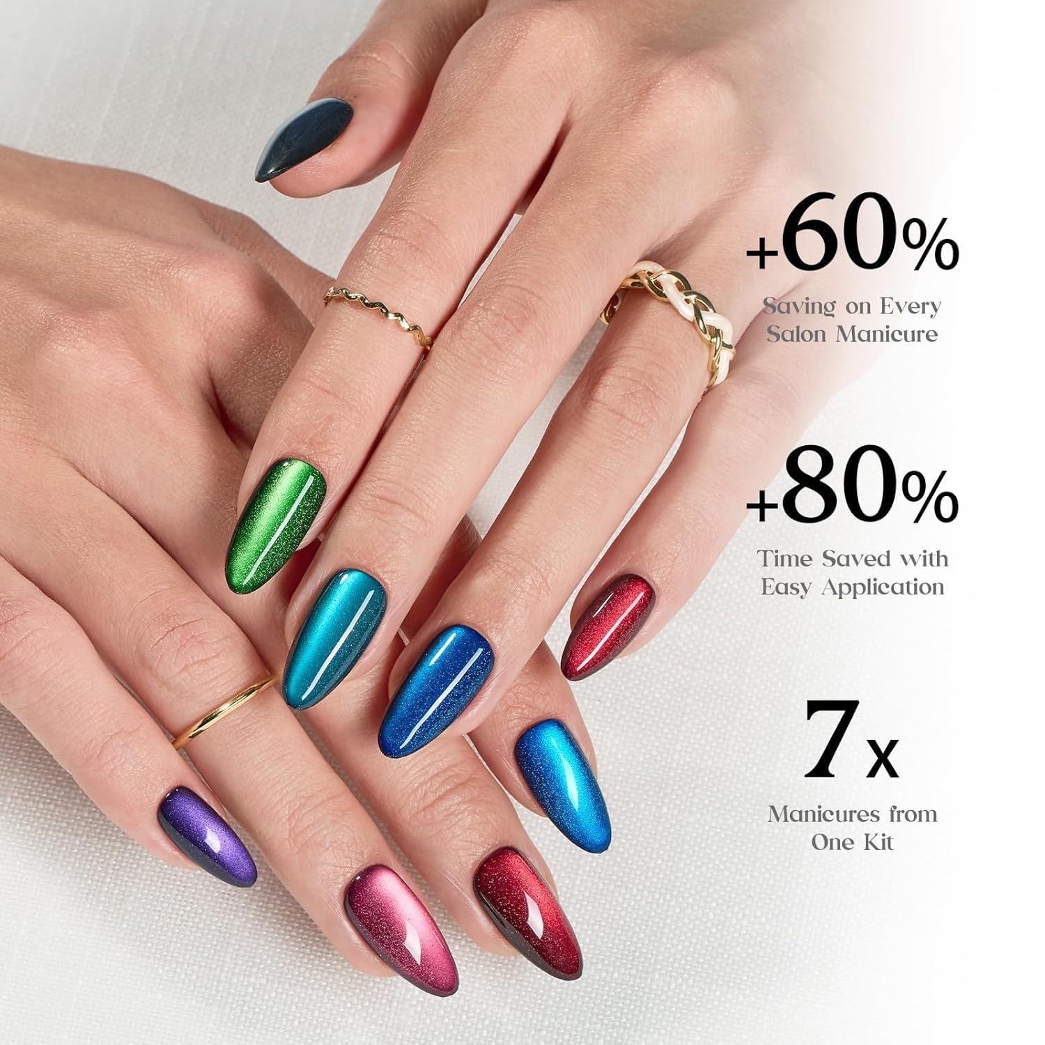 Detalle 1 de Beetles Enchanted Aurora Cat Eye Press On Nails (Gel Polish) — Medium Almond, 7 Colors, 16 Sizes, 224 Pieces