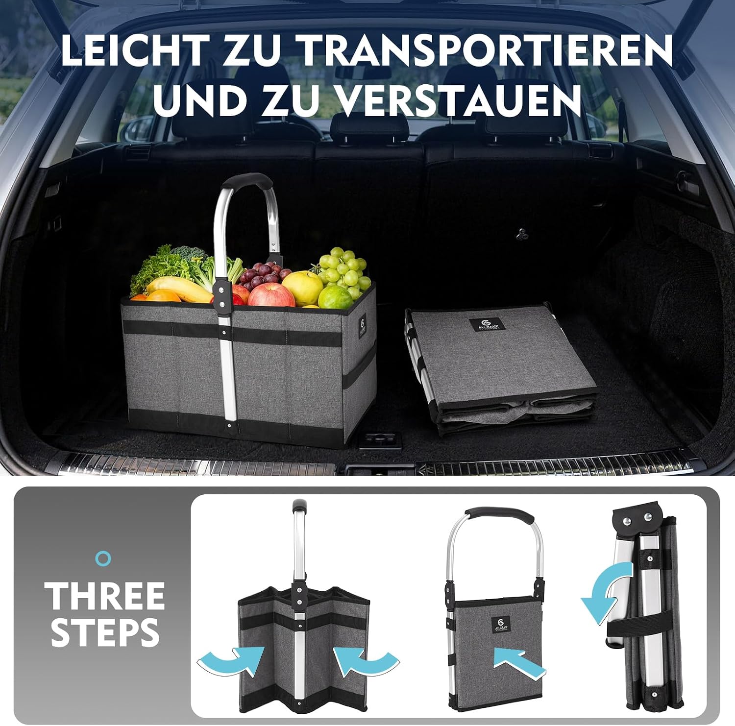 Thumbnail 2 de ALLCAMP 27L Einkaufskorb Faltbar – Verstärkter Boden, Aluminiumrahmen, stabil und platzsparend
