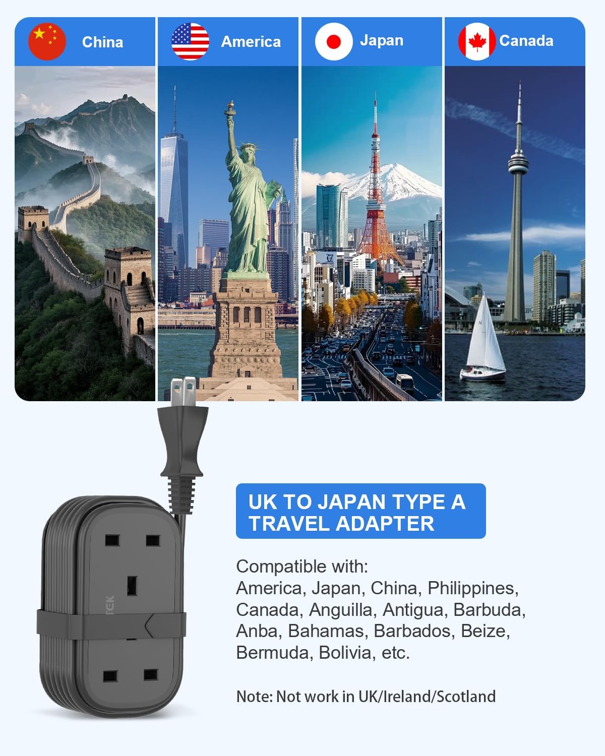 Thumbnail 2 de FDTEK UK to Japan Plug Adapter with 1.5M Extension Cable and Retractable USB-C (2 UK outlets + 3 USB)