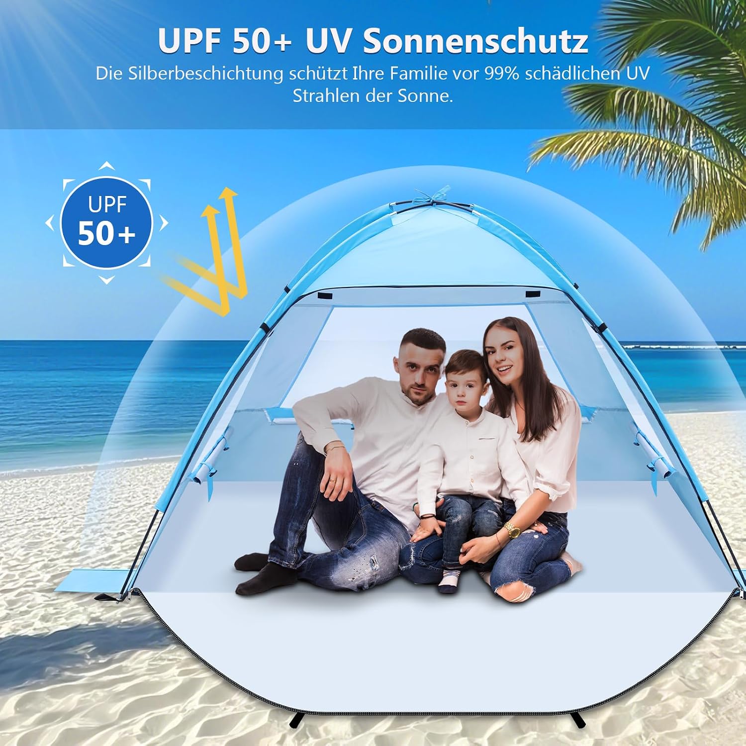 Detalle de Strandmuschel für 1–3 Personen: UV-Schutz UPF 50+, wind- und wasserabweisendes Strandzelt mit kleinem Packmaß