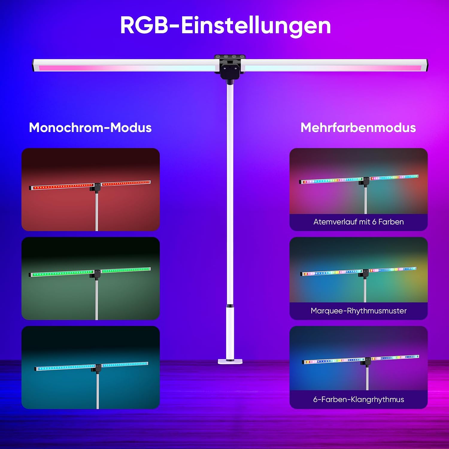 Thumbnail 3 de vatato Doppelkopf LED Schreibtischlampe mit RGB – 24W, dimmbar, klammerbar, Fernbedienung