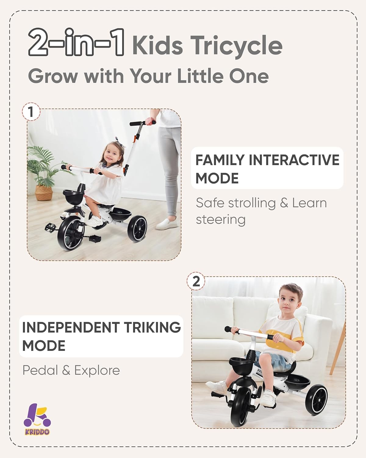 Detalle 2 de KRIDDO 2-in-1 Toddler Tricycle for Ages 18 Months