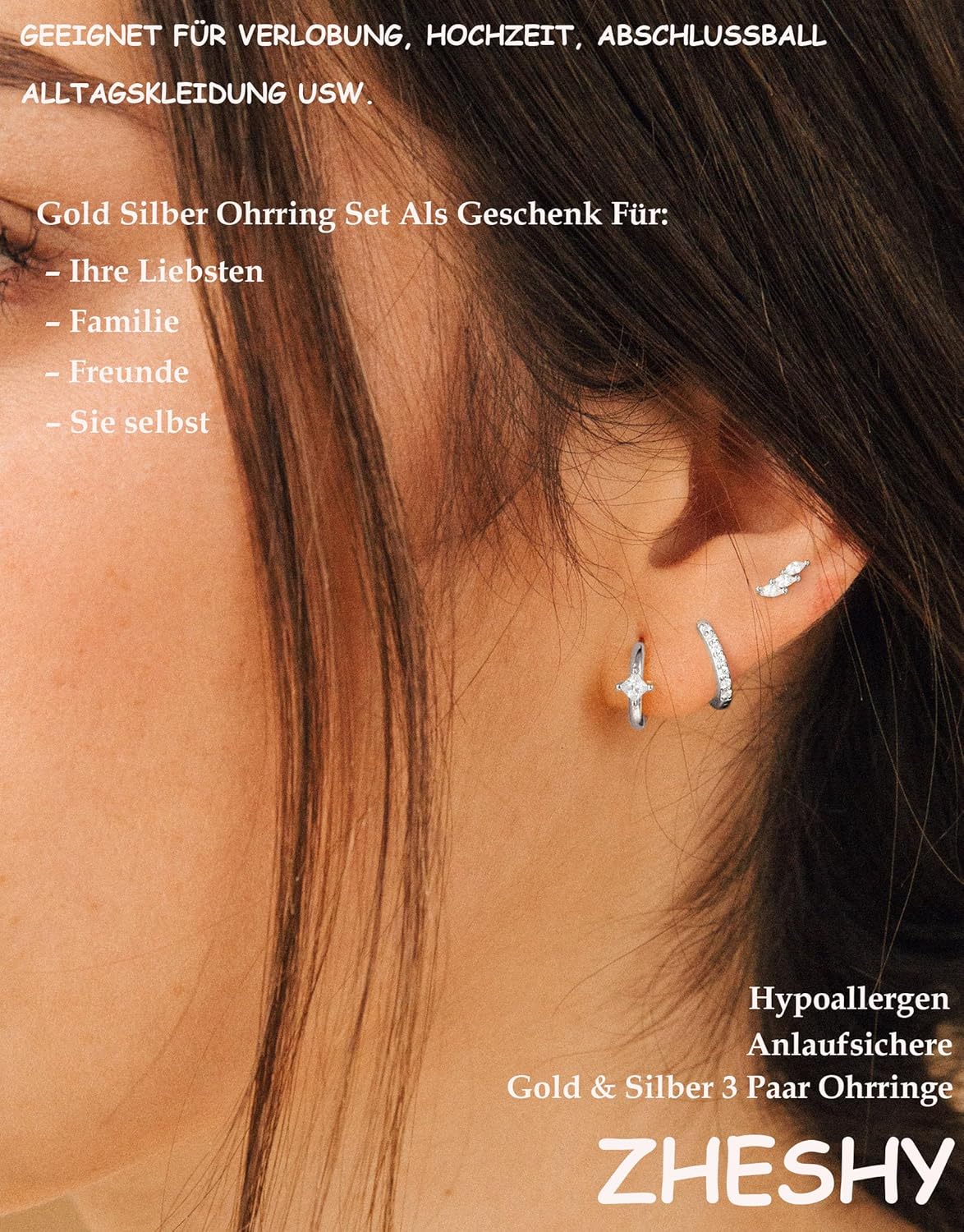 Thumbnail 2 de ZHESHY - Lot de 3 Boucles d'Oreilles Argent 925 Plaqué Or 14K pour Femme - Clous, Créoles Huggi et Pendantes