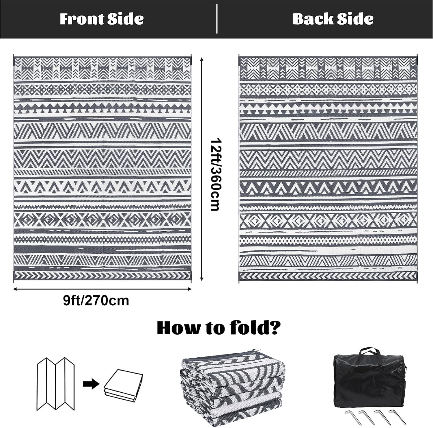 Detalle de Tapis d’extérieur réversible Enyhom 270 x 360 cm – Gris Plastique Durable, résistant UV et polyvalent