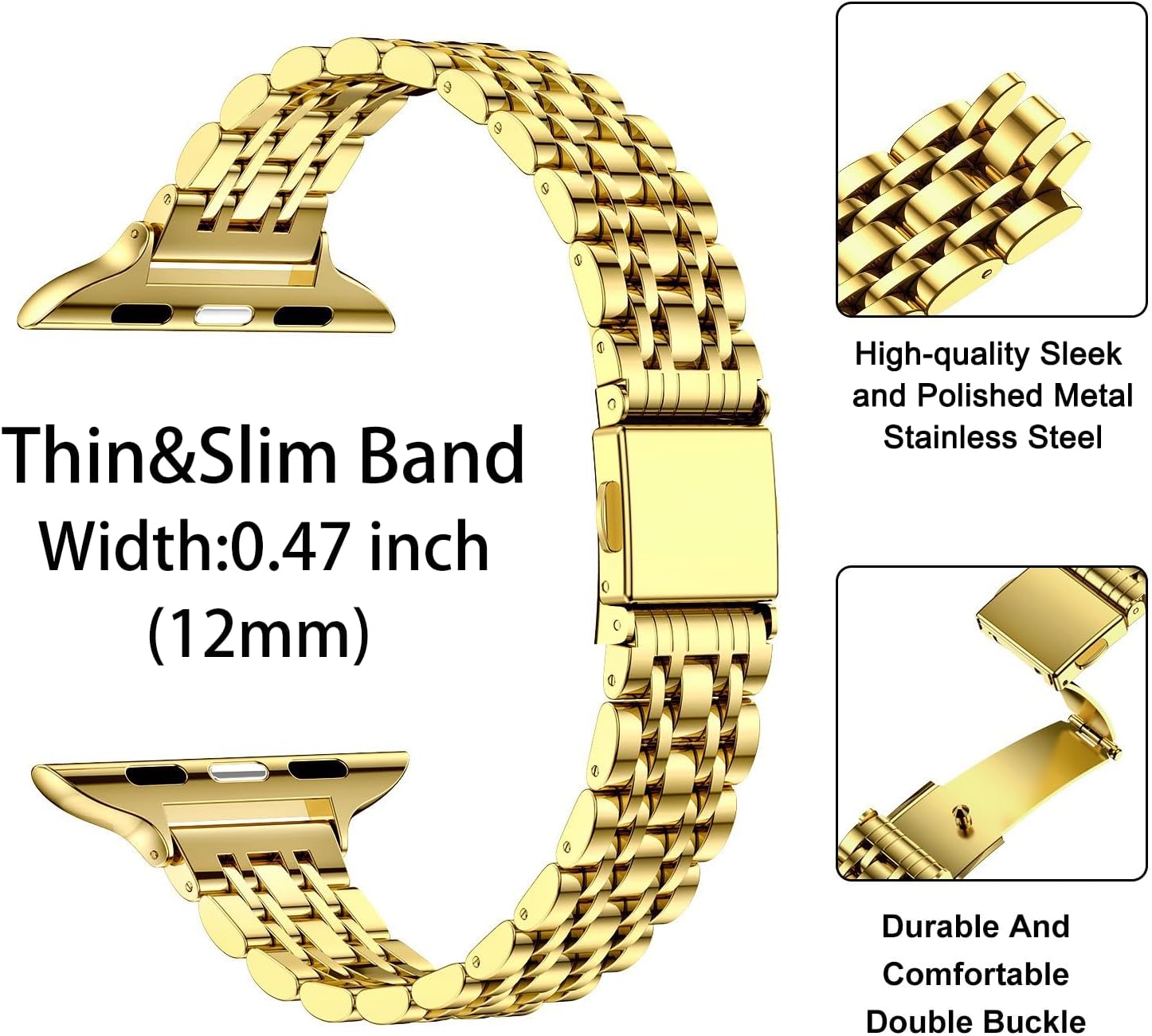 Detalle 2 de MioHHR Slim Straps Thin Stainless Steel Chain Band for Apple Watch (Gold) – 42mm–49mm compatible