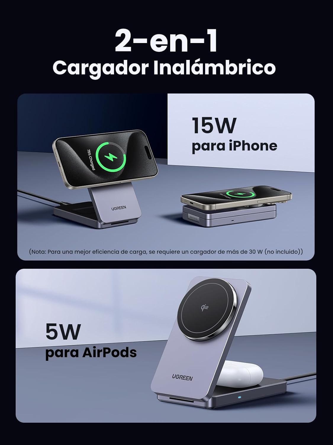 Thumbnail 2 de UGREEN MagFlow Qi2 Cargador Inalámbrico 15W para iPhone y AirPods ⚡