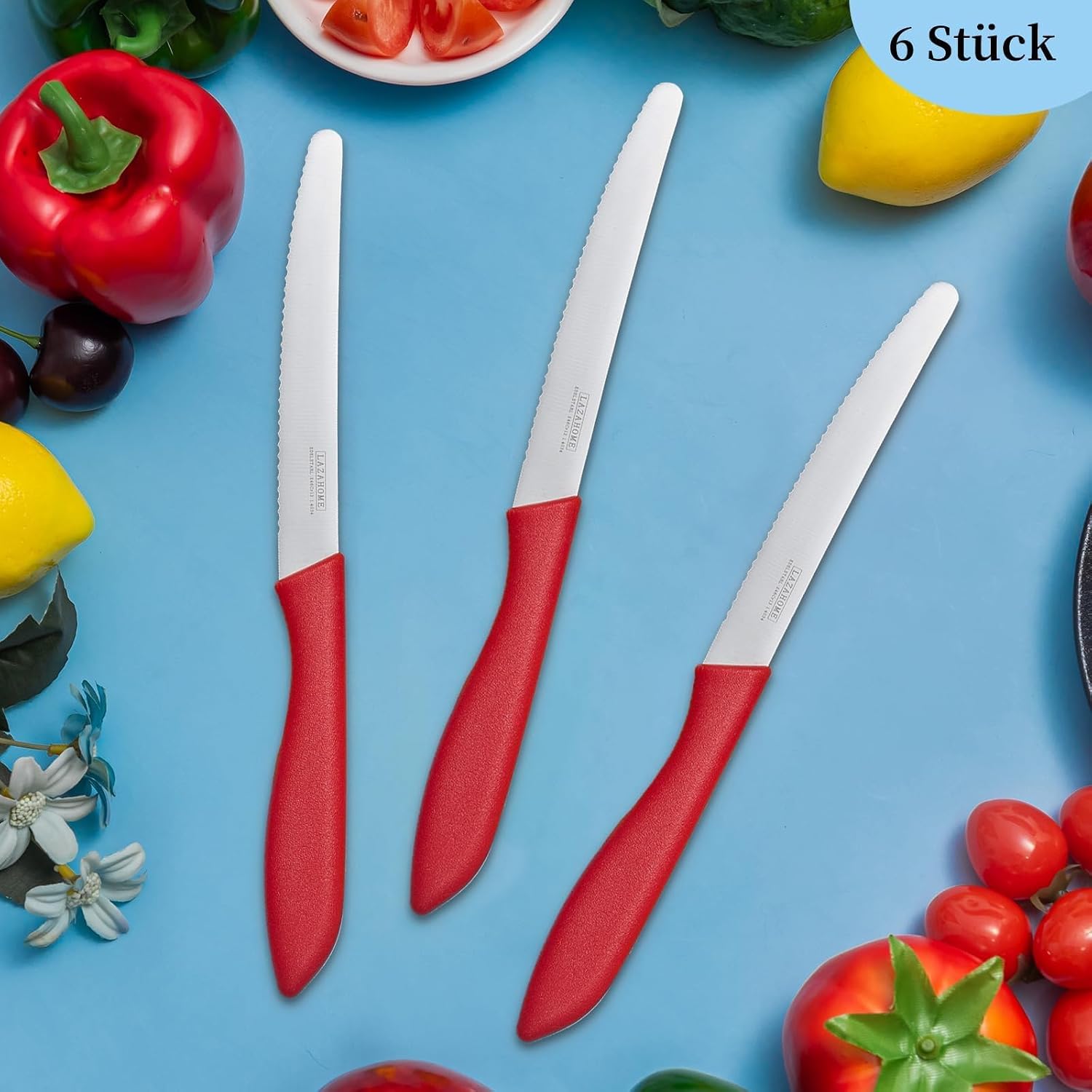 Detalle de LAZAHAOME Klassische Tafelmesser 6er-Set – Brötchenmesser mit roter, rostfreier Wellenschliff-Klinge, 23,2 cm, Kunststoffgriff
