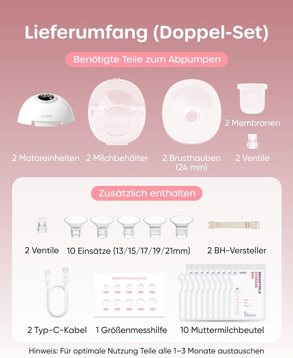 Thumbnail 5 de Nuliie Milchpumpe elektrisch tragbar S32 – freihändig mit 4 Modi und 9 Stufen, 13/15/17/19/21/24 mm Komfort-Flansch