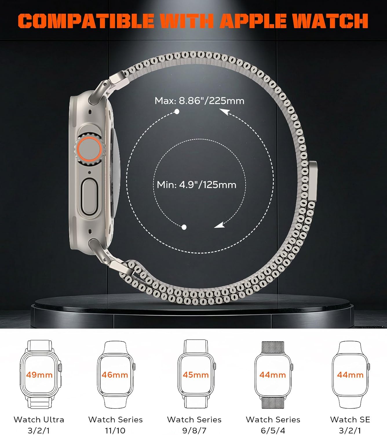 Detalle 2 de Astorgos cinturino in metallo in acciaio inox con chiusura magnetica per Apple Watch 49/46/45/44/42 mm