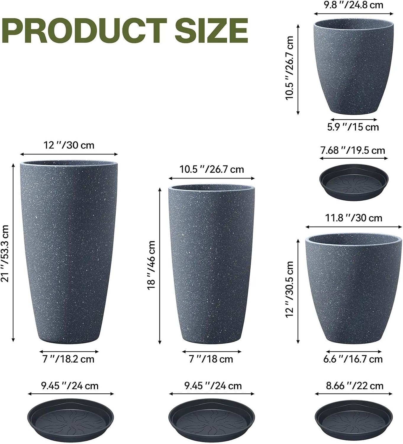 Detalle de ZMTECH 4-Pack Plastic Planters, 21/18/12/10 in, Dark Grey Faux-Stone Finish