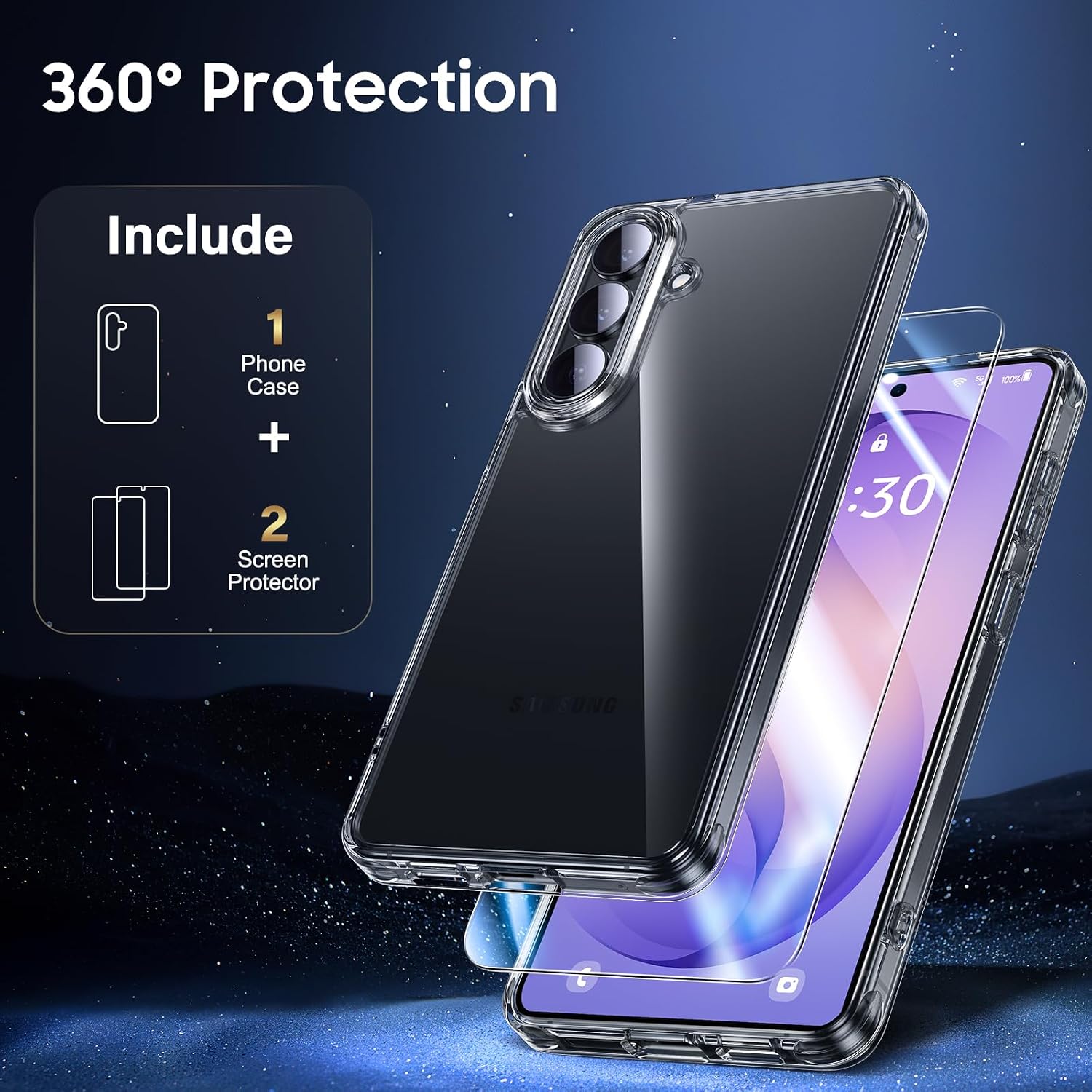 Detalle 2 de UniqueMe 3-in-1 Clear Case with 2x 9H Tempered Glass Screen Protectors for Samsung Galaxy S26 5G