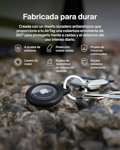 Detalle de Belkin Llavero AirTag: Funda resistente a arañazos con frontal abierto y bordes elevados (Negro)
