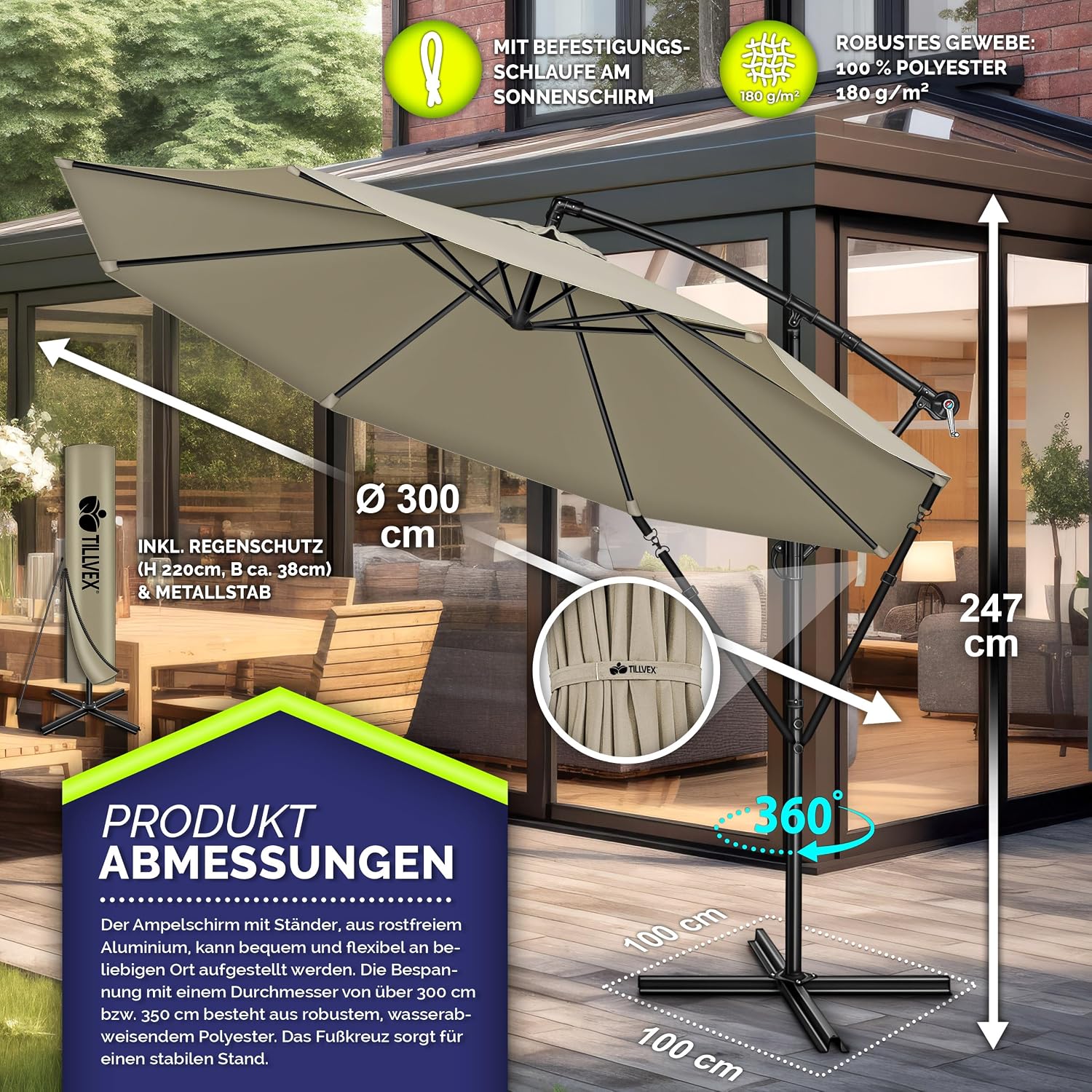 Thumbnail 4 de tillvex Alu-Sonnenschirm mit Abdeckung Ø 300 cm, Kurbel & 360° drehbar (Ampelschirm)