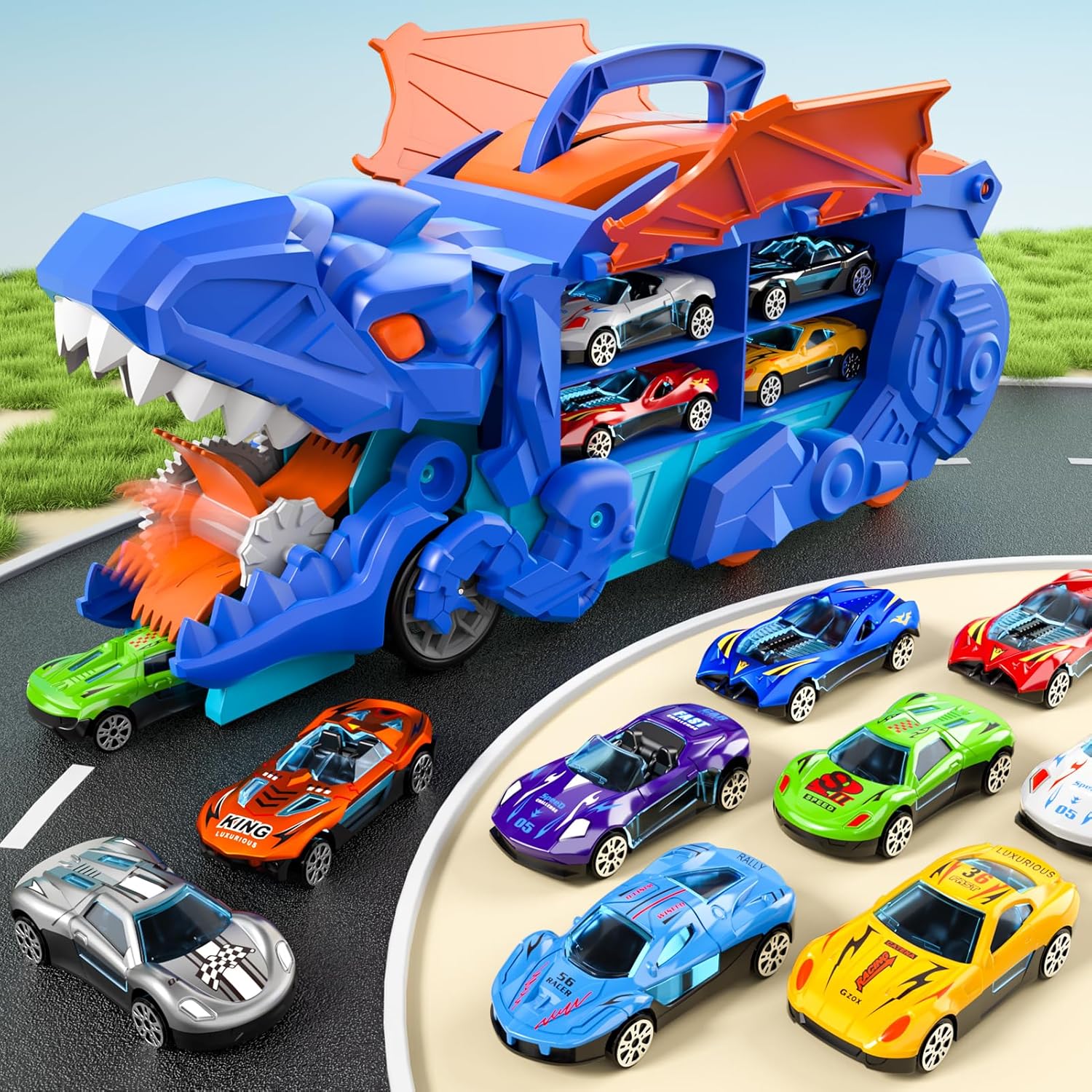 Detalle 2 de Toddler Dinosaur Transport Truck with 10 Die-Cast Cars – 3-in-1 Transforming Track Set