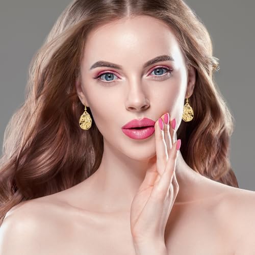 Thumbnail 2 de Weviway 18K Gold Plated Teardrop Hammered Dangly Drop Earrings