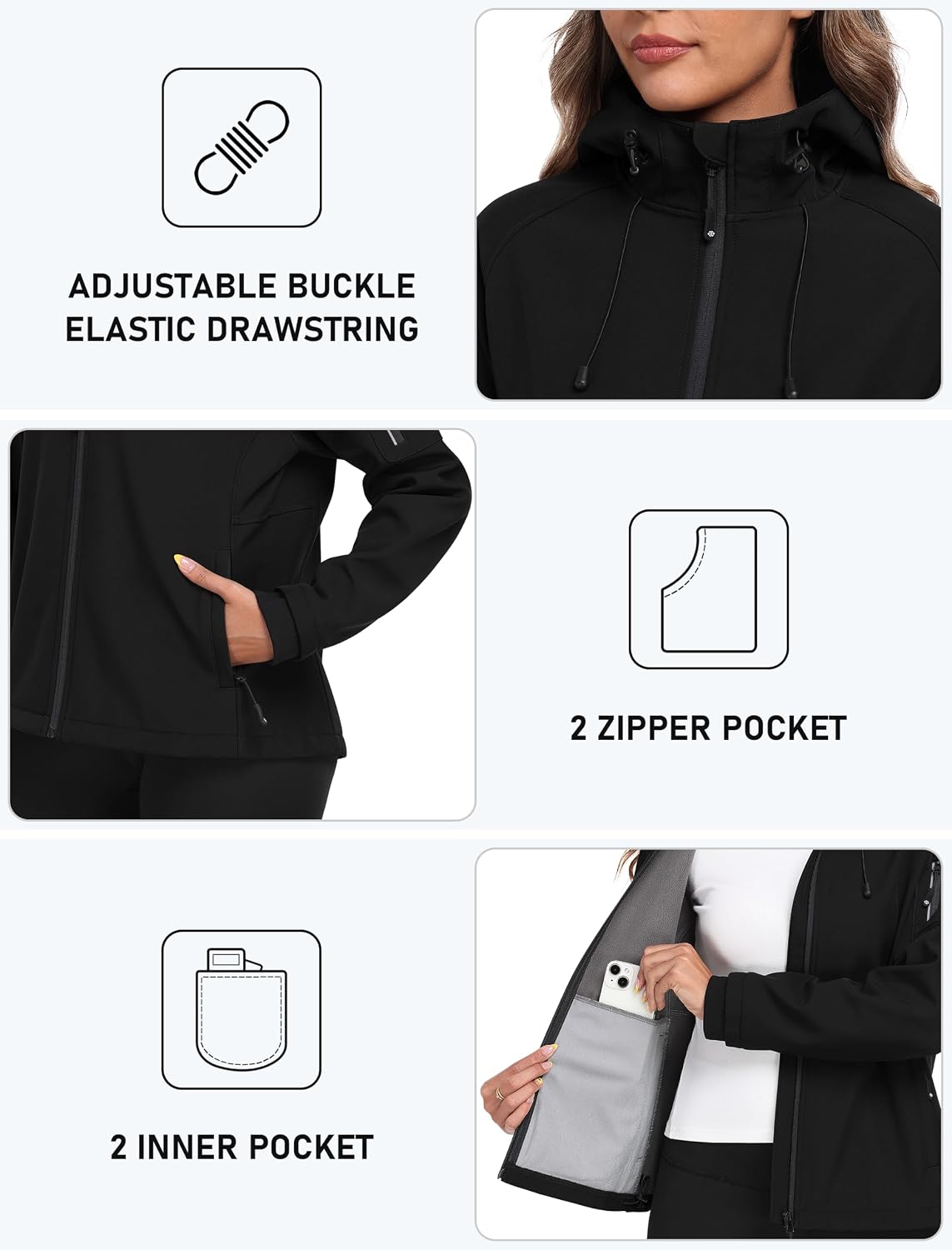 Detalle 2 de MoFiz Fleece-Lined Softshell Jacket for Women, Hooded with 5 Pockets