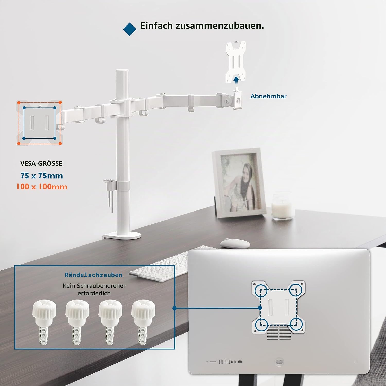 Detalle de BONTEC Monitor-Halterung 2 Monitore für 13–27 Zoll (Stahl, Doppelarm, höhenverstellbar) – VESA 75/100, 10 kg pro Arm, weiß
